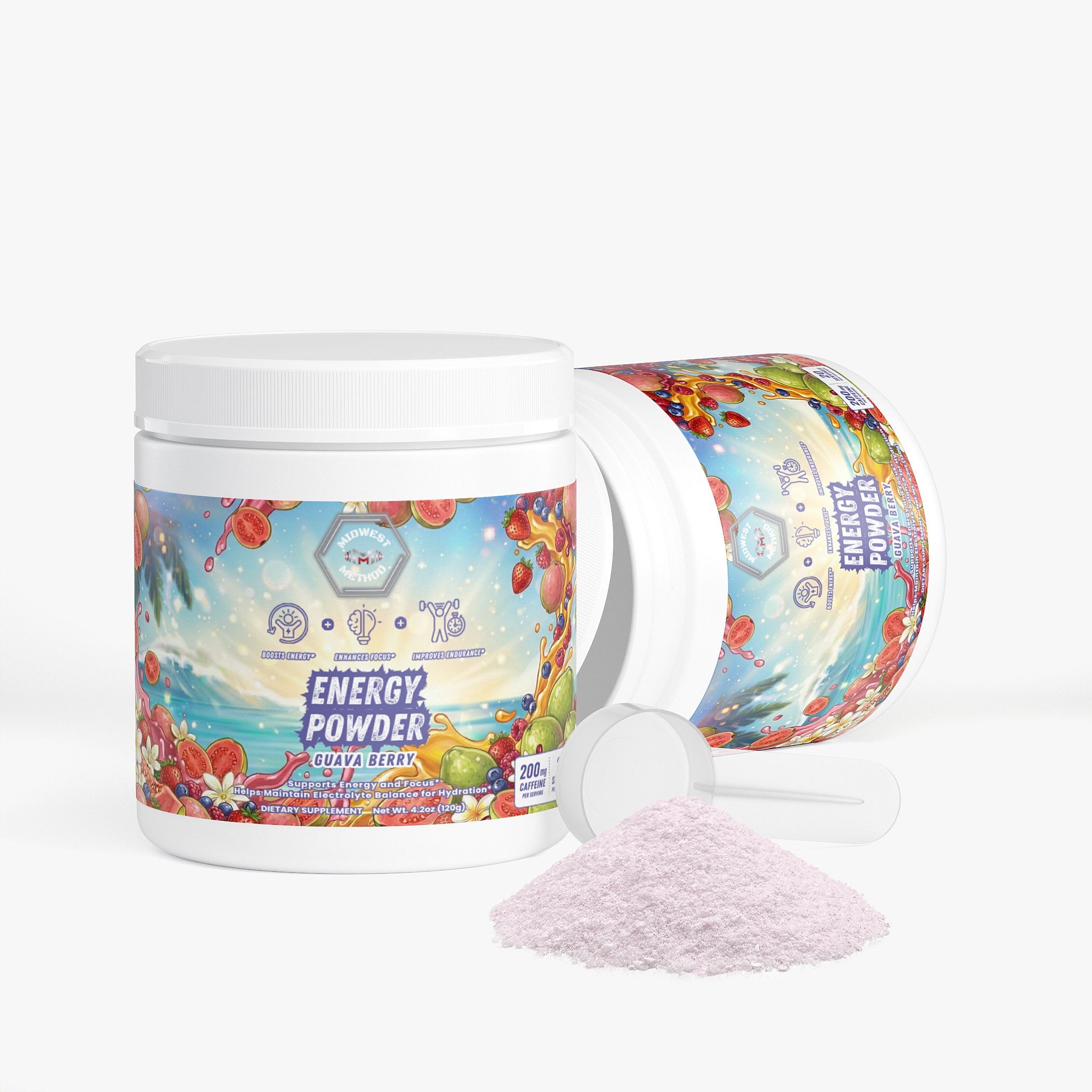 Midwest Method Guava Berry Energy Powder pre-workout supplement with vibrant label and energetic flavor branding.