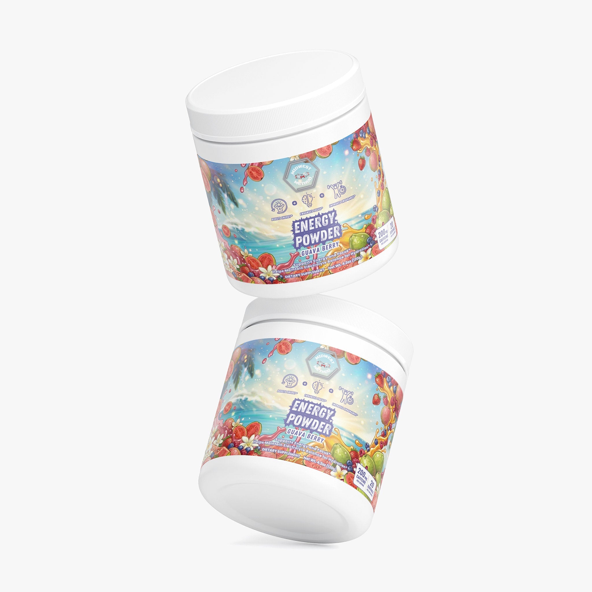 Midwest Method Guava Berry Energy Powder pre-workout supplement with vibrant label and flavor imagery.