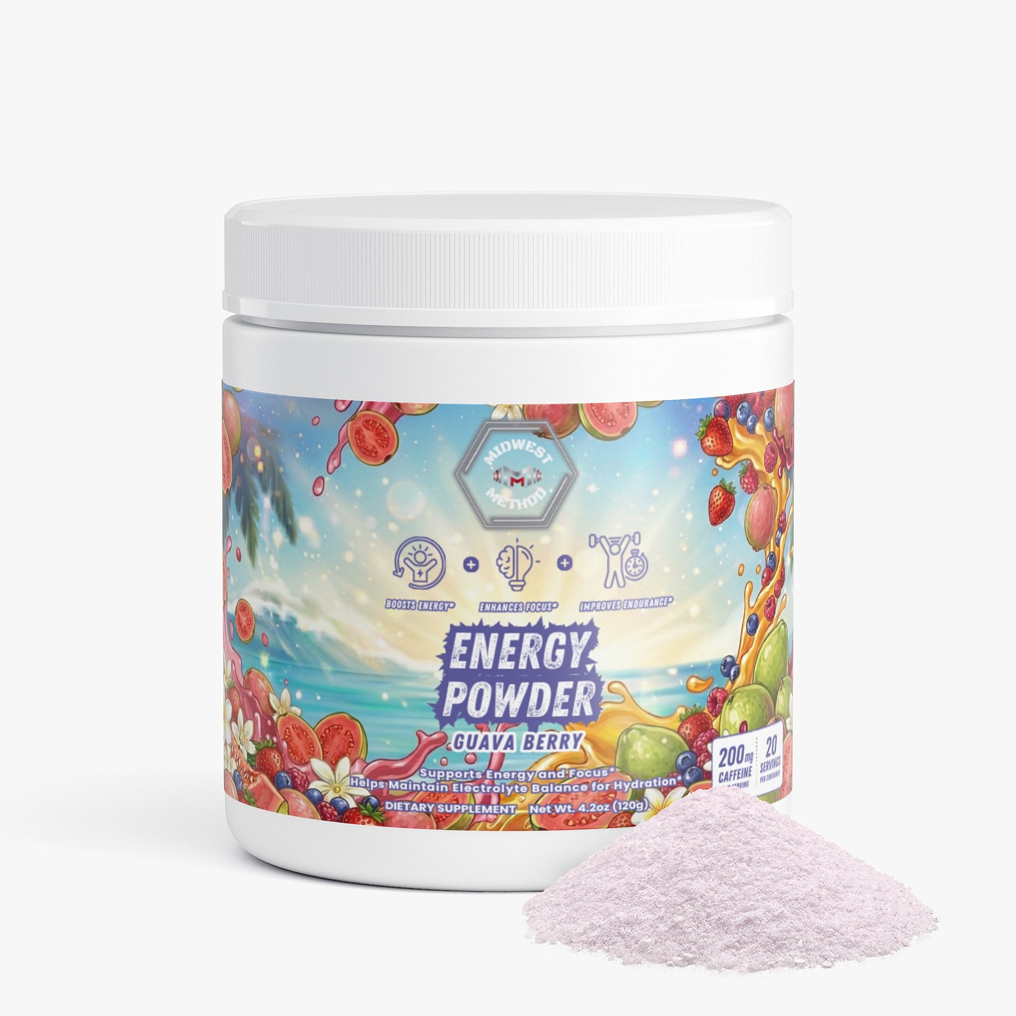 Midwest Method Guava Berry Energy Powder pre-workout supplement with vibrant label design and flavor details.