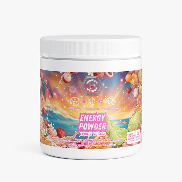 Midwest Method Lychee Splash Energy Powder pre-workout supplement with vibrant label, showcasing lychee fruit flavor and supplement branding.