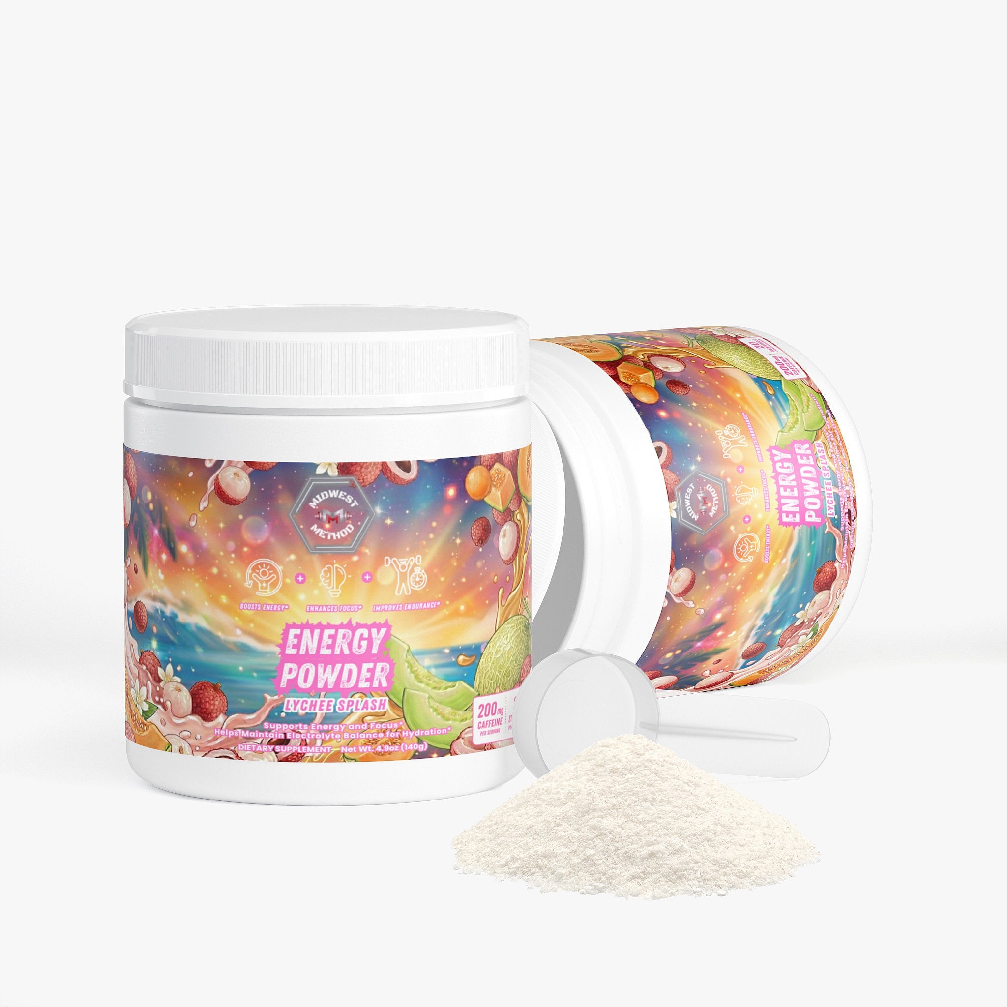Midwest Method Lychee Splash Energy Powder pre-workout supplement with vibrant label featuring lychee fruit graphics.