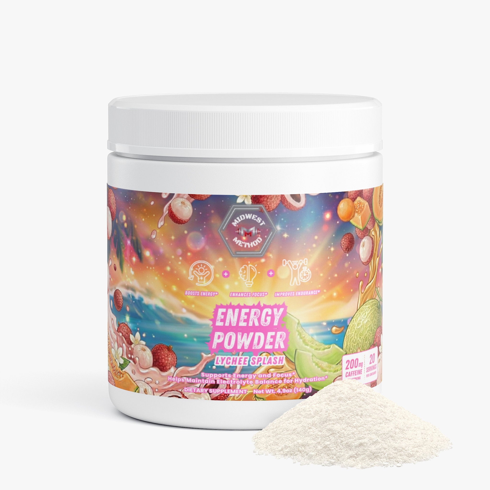Midwest Method Energy Powder Lychee Splash pre-workout supplement with vibrant label design and fresh lychee flavor imagery.
