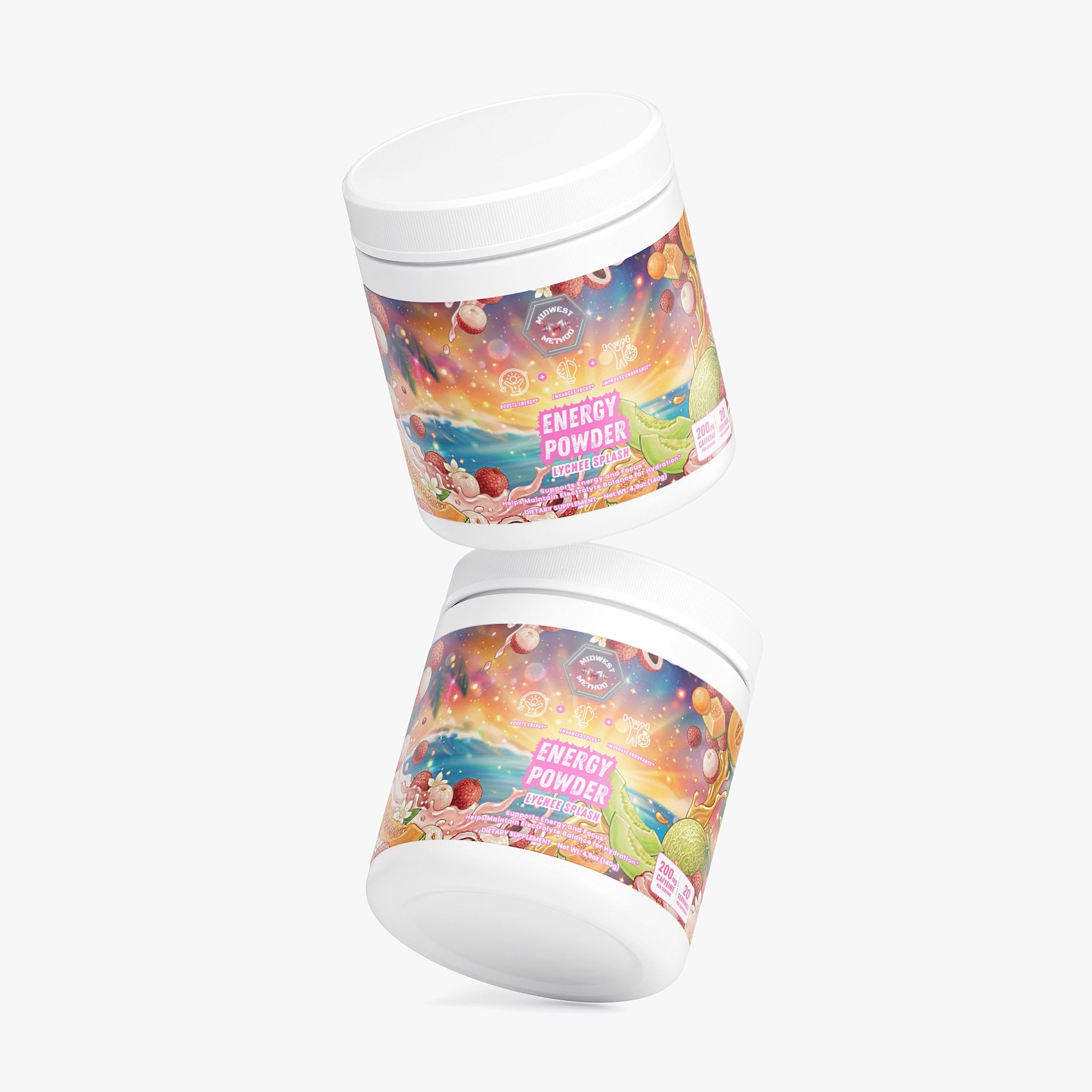 Midwest Method Lychee Splash Energy Powder pre-workout supplement with vibrant label and fruity lychee flavor design.