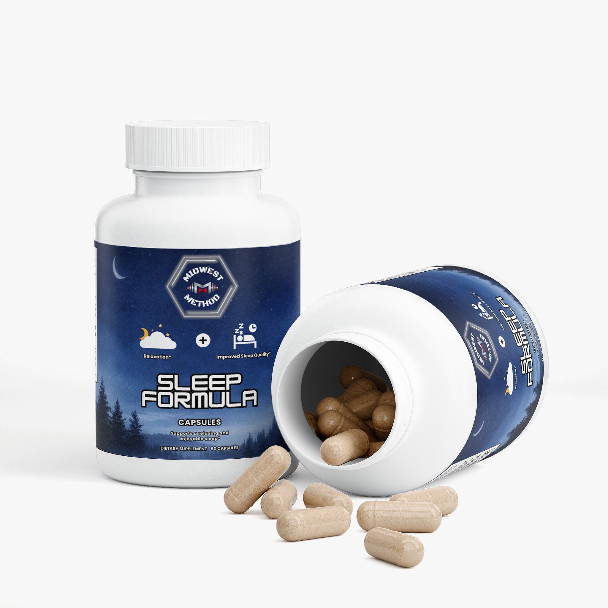 Midwest Method Sleep Formula bottle with label showing sleep and relaxation supplement for better rest.