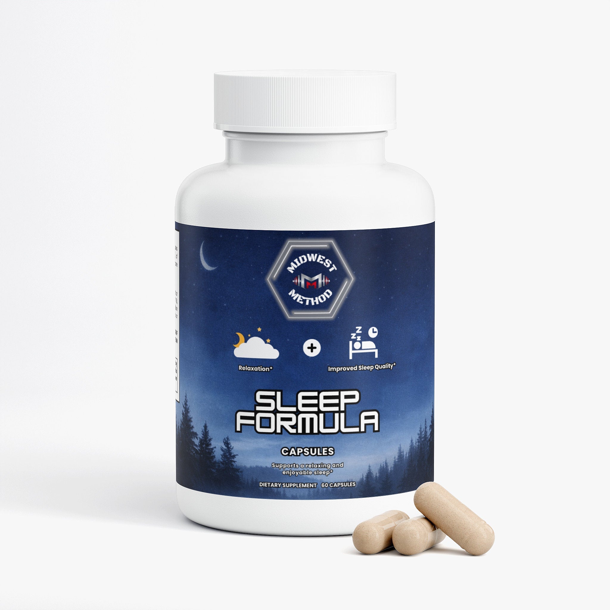 Bottle of Midwest Method Sleep Formula for sleep and relaxation with label featuring product details and branding.