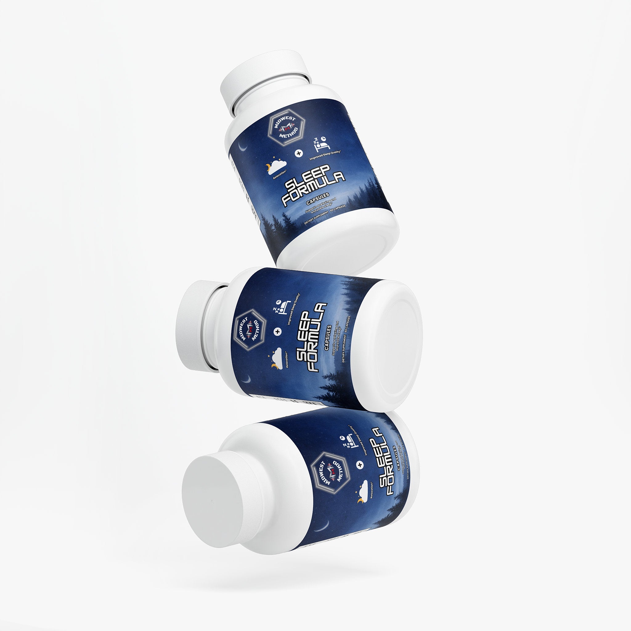 Midwest Method Sleep Formula bottle with label showing sleep and relaxation supplement for restful nights.