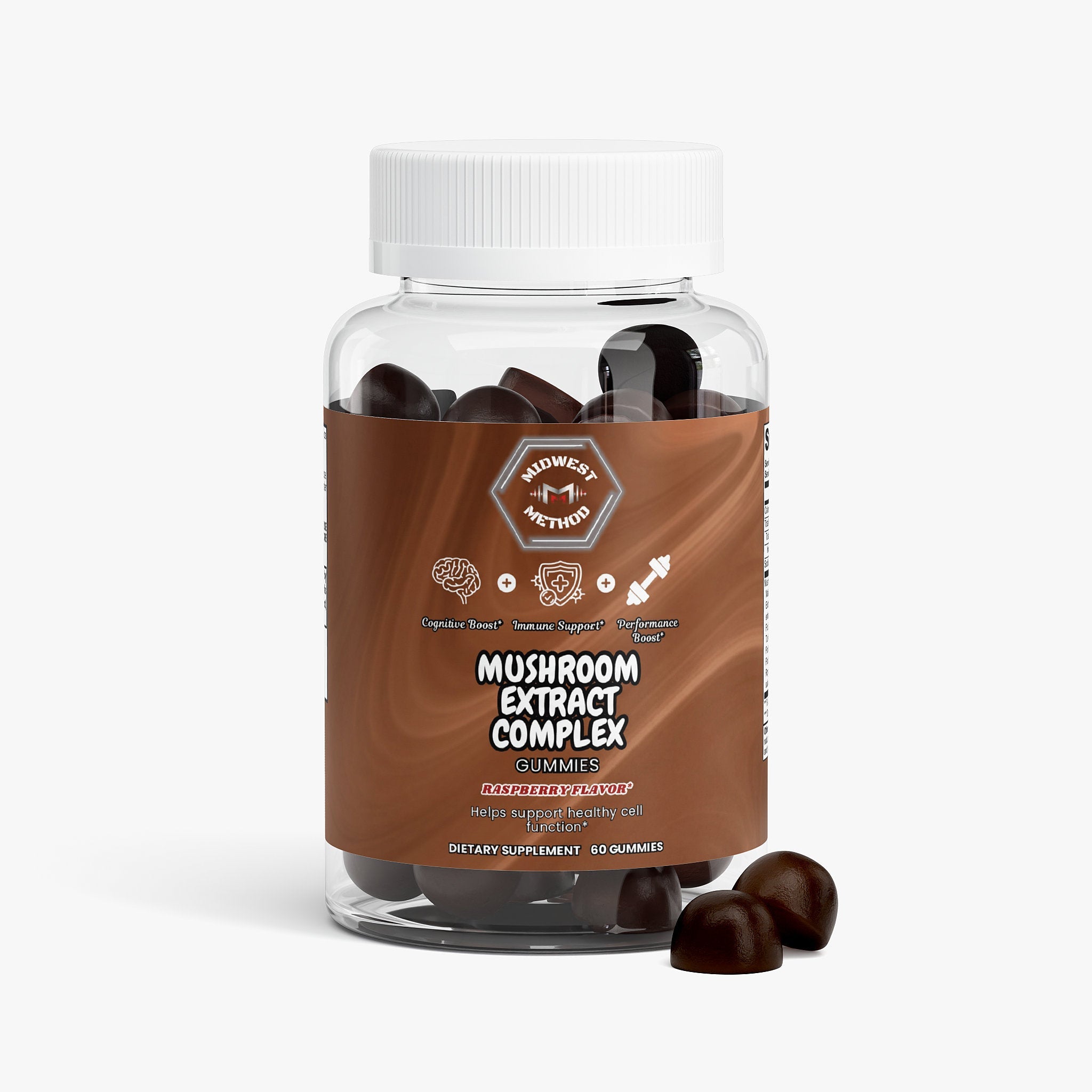 Mushroom Extract Complex with raspberry flavor from Midwest Method, featuring a label with mushroom illustrations and supplement information.