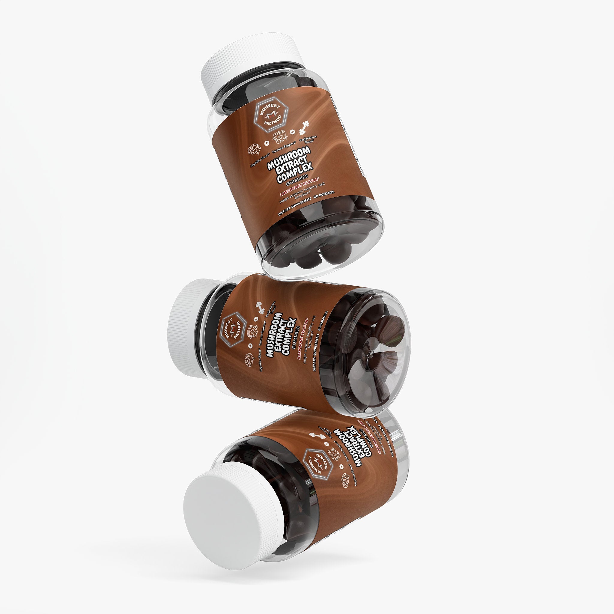 Mushroom Extract Complex label featuring raspberry flavor from Midwest Method, showcasing supplement bottle and product details.
