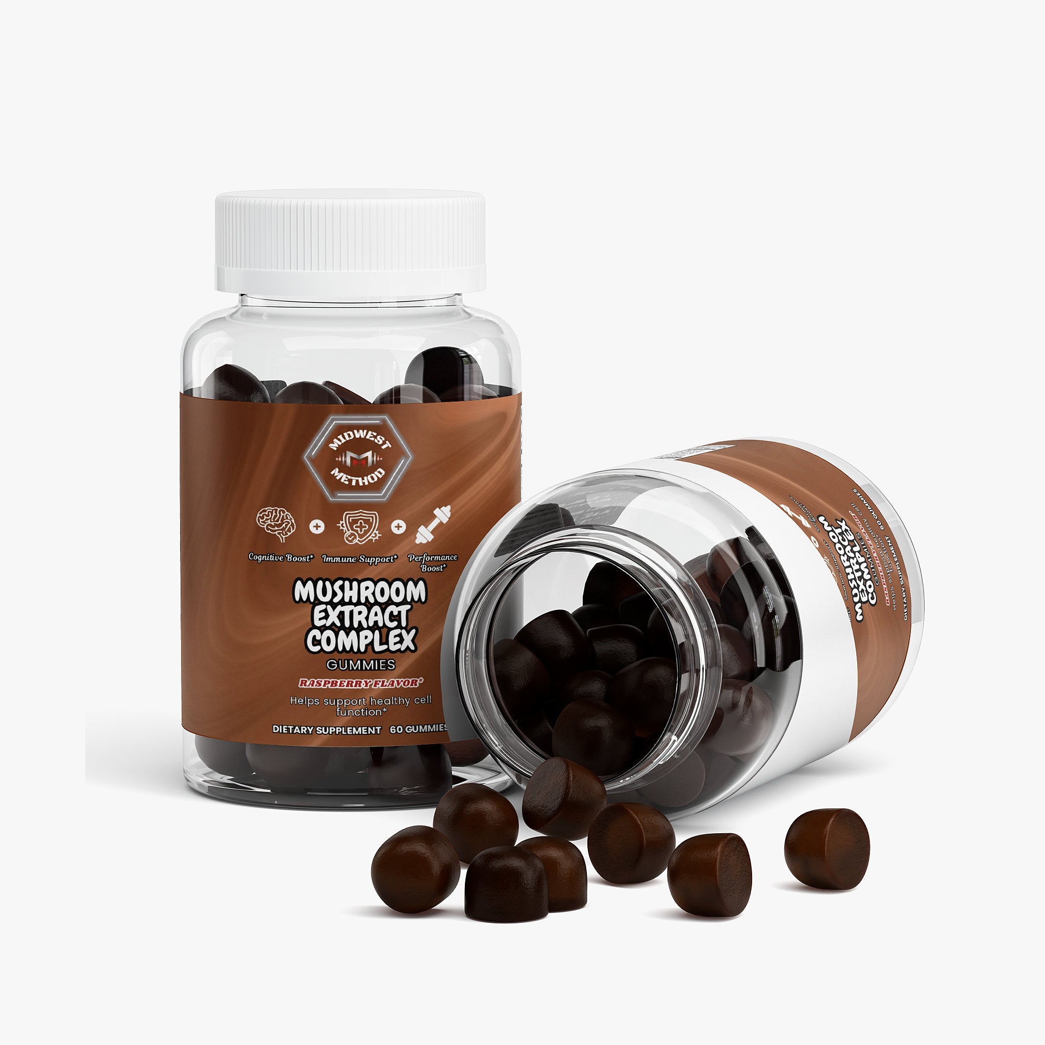 Label for Midwest Method Mushroom Extract Complex with Raspberry flavor, showing product details on the packaging.