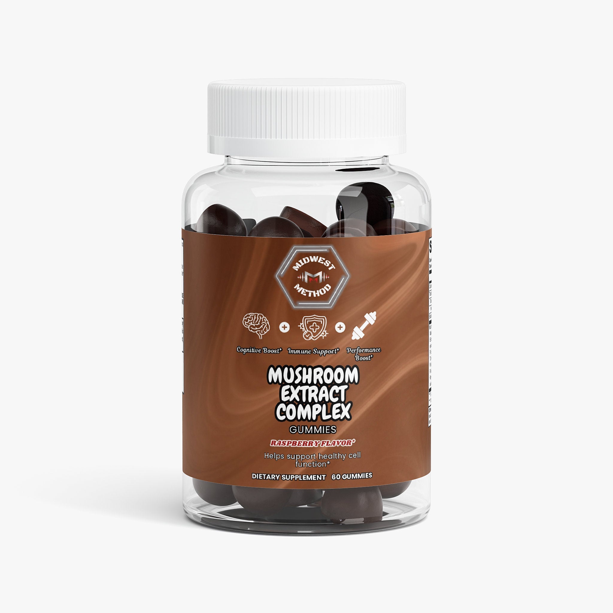 Mushroom Extract Complex in raspberry flavor by Midwest Method, featuring a close-up of the supplement bottle and label.