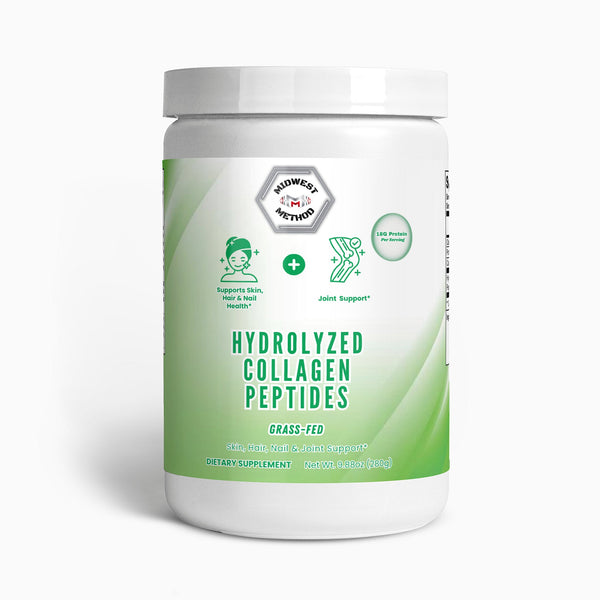 Unflavored Midwest Method grass-fed hydrolyzed collagen peptides powder for skin, hair, and nail health, shown in the product label.