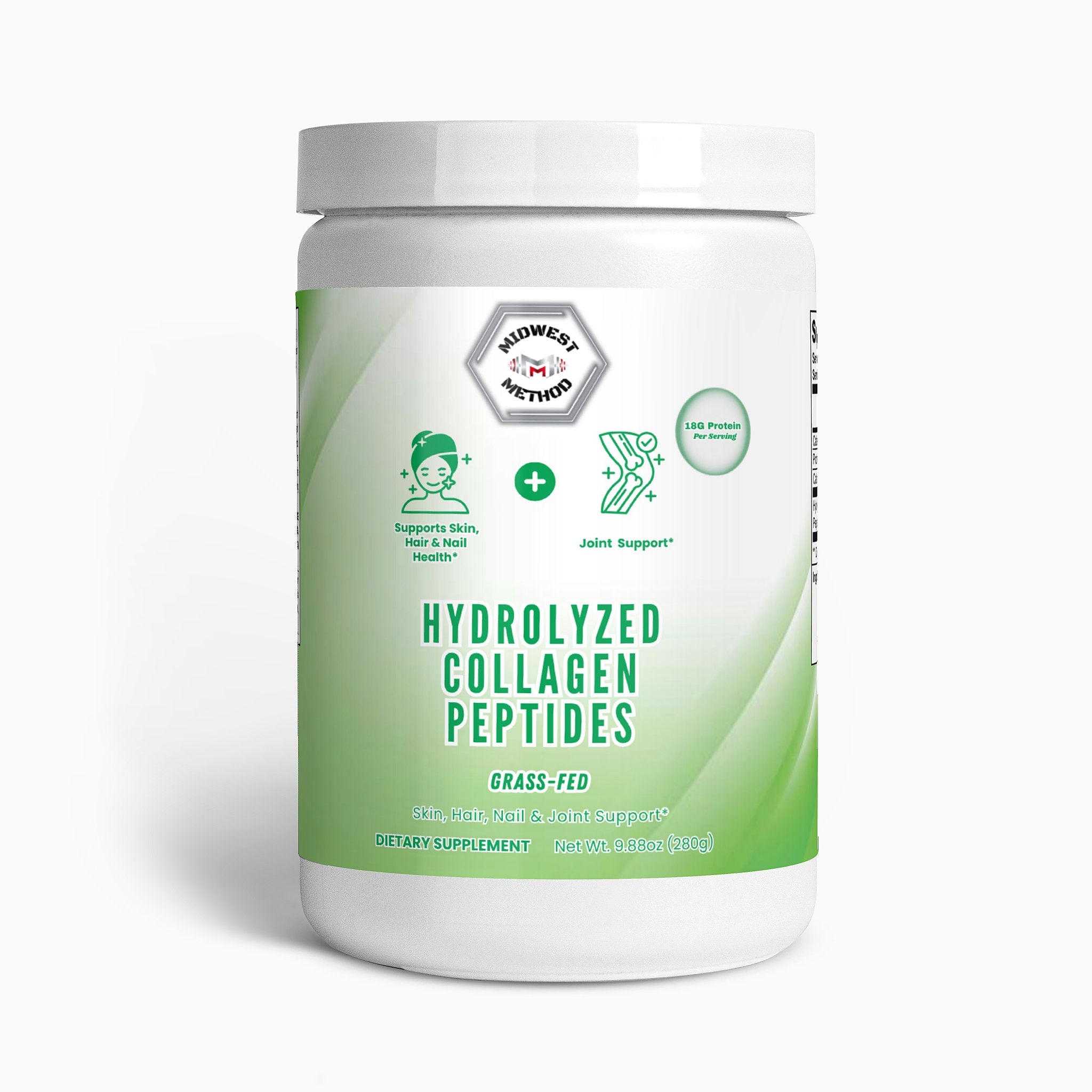 Unflavored grass-fed hydrolyzed collagen peptides supplement by Midwest Method for skin, hair, and nail health.
