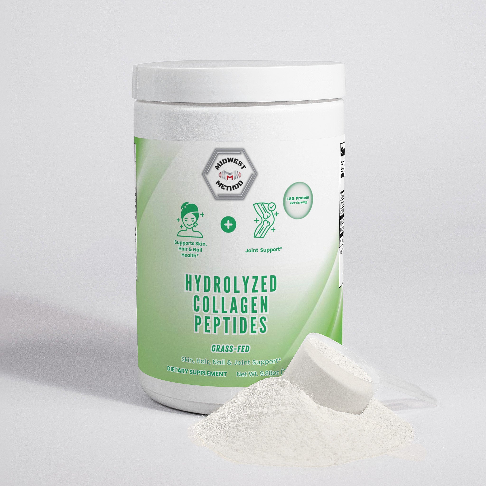 Unflavored Midwest Method Hydrolyzed Collagen Peptides for skin, hair, and nail health in a clear, resealable container.