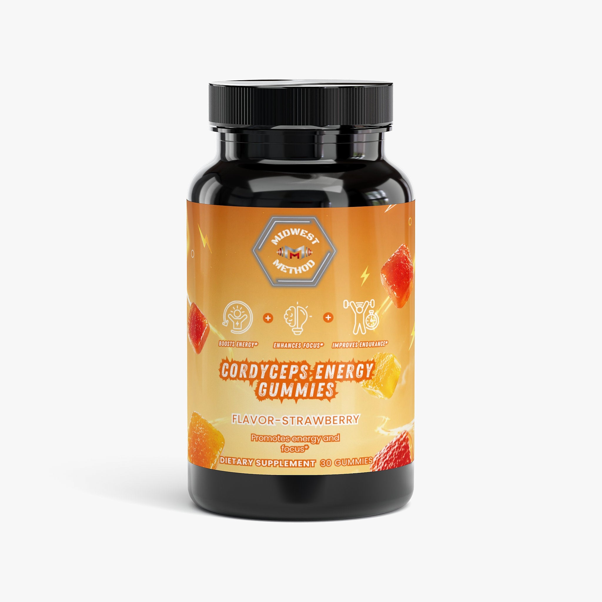 Midwest Method Cordyceps Energy Gummies with strawberry flavor, mushroom supplement in a colorful bottle.