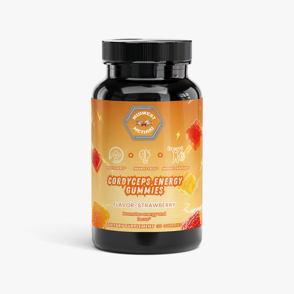 Midwest Method Cordyceps Energy Gummies with strawberry flavor, mushroom supplement in a colorful bottle.