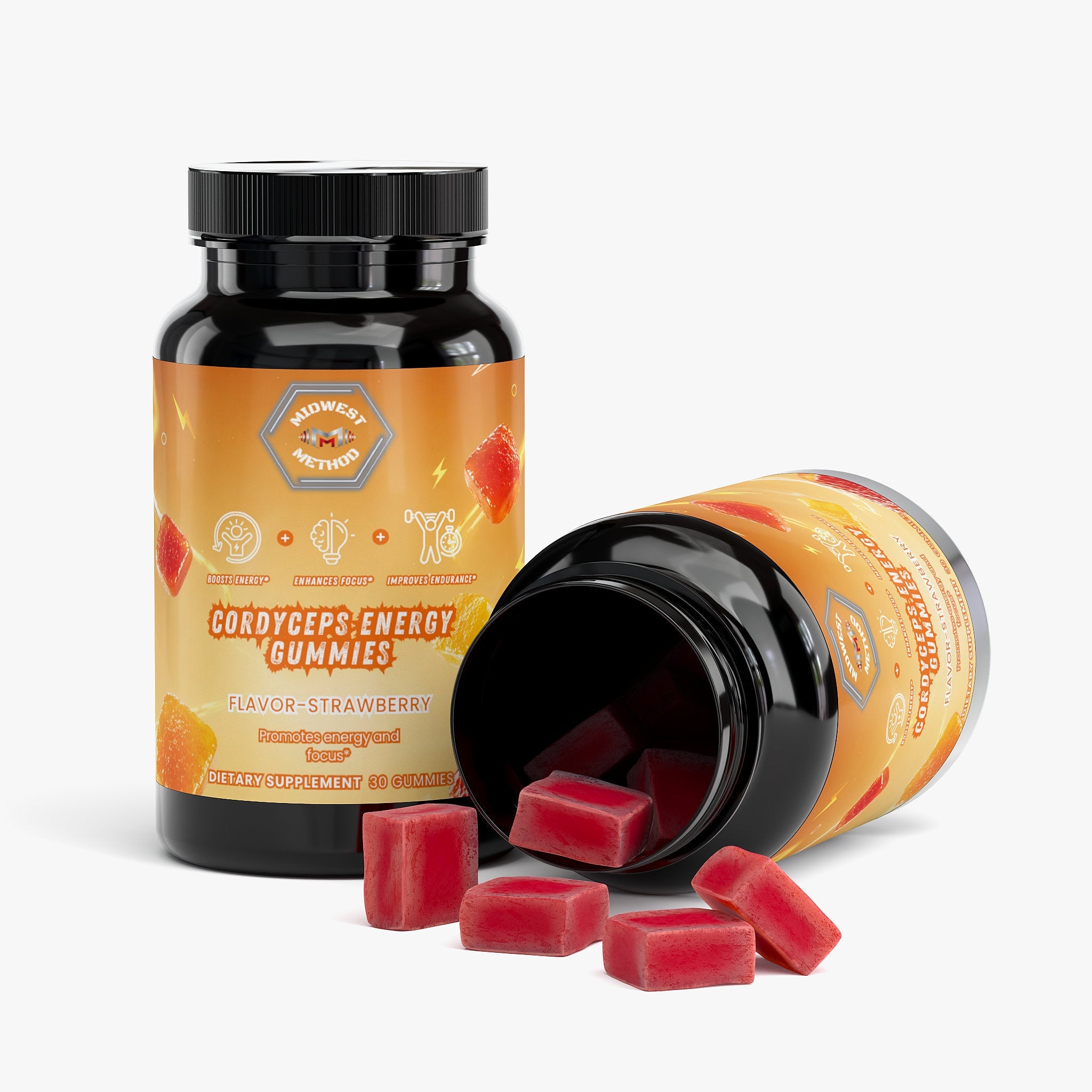 Midwest Method Cordyceps Energy Gummies in strawberry flavor, mushroom supplement with vibrant gummy and label display.