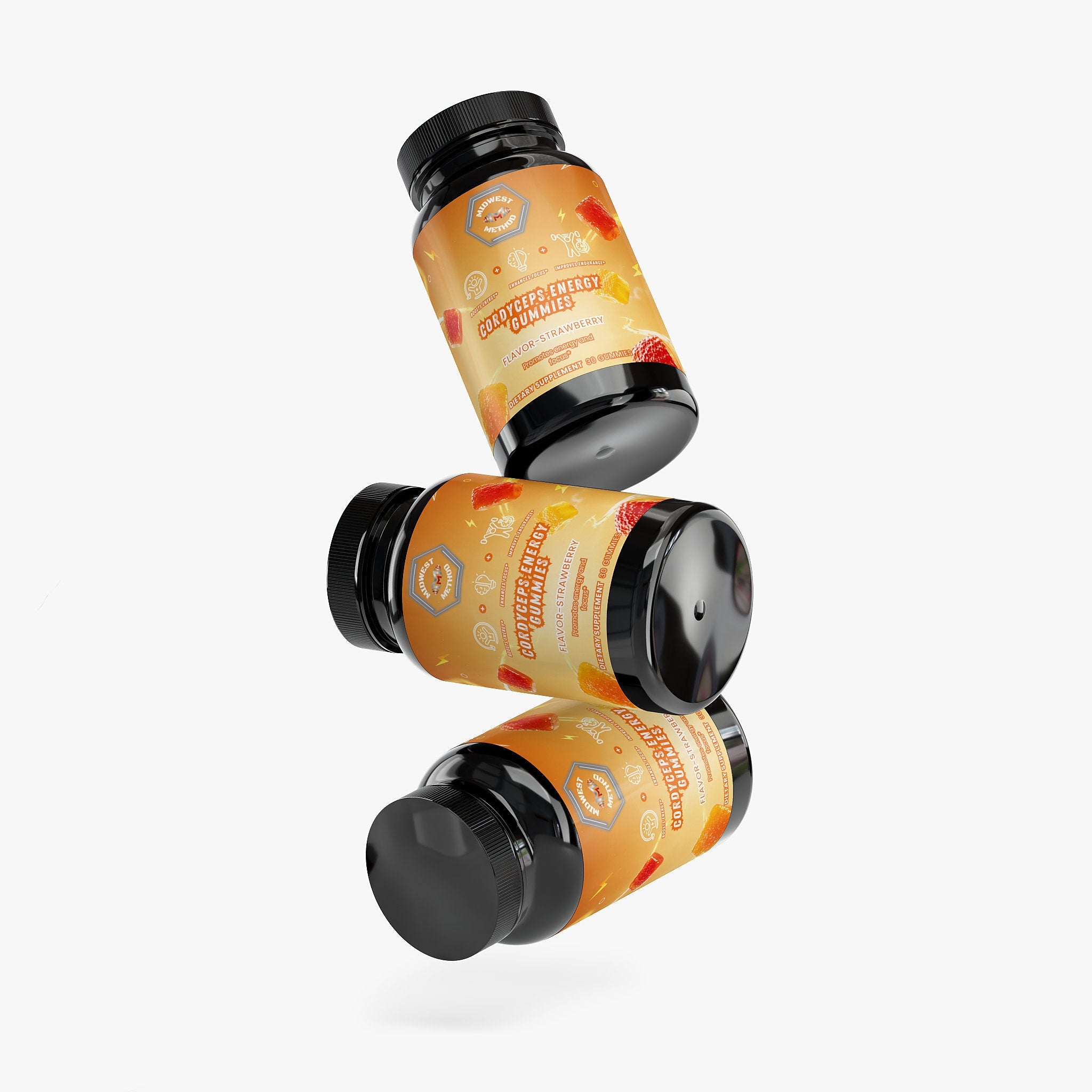 Midwest Method Cordyceps Energy Gummies with strawberry flavor, featuring mushroom supplement packaging and label design.