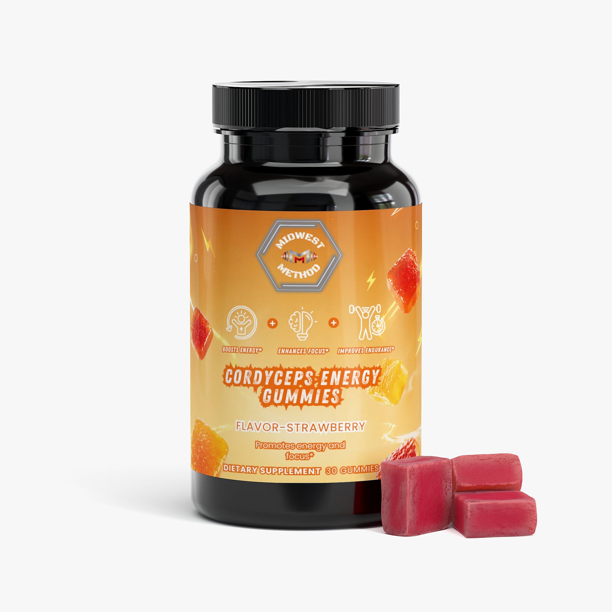 Midwest Method Cordyceps Energy Gummies in strawberry flavor, mushroom supplement with vibrant gummy and label details.