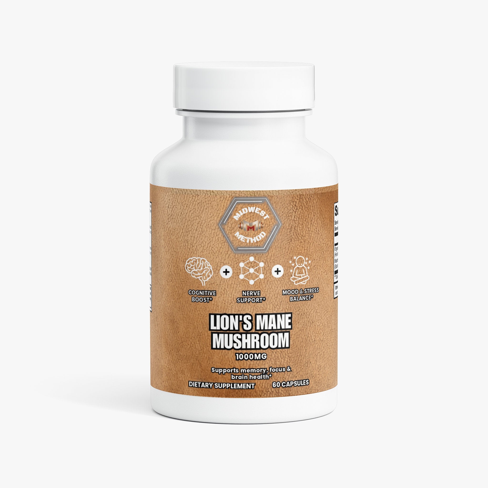 Label image of Midwest Method Lion's Mane Mushroom product, showcasing packaging and product details.