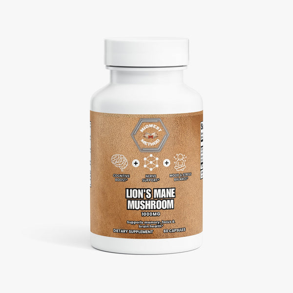 Label image of Midwest Method Lion's Mane Mushroom product, showcasing packaging and product details.