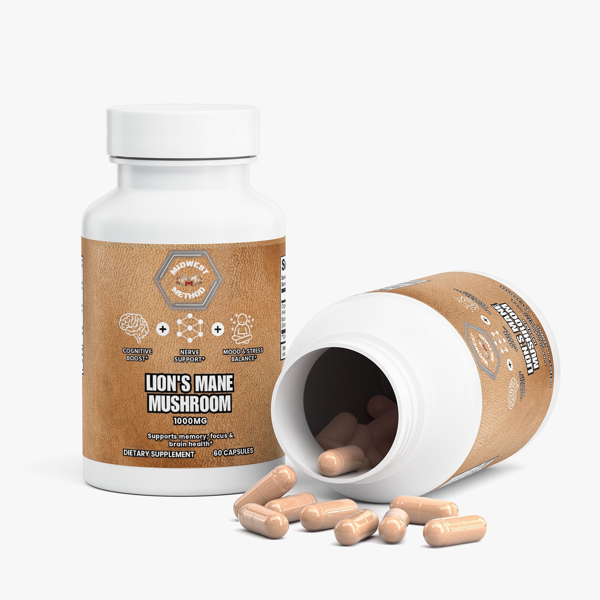 Label image of Midwest Method Lion's Mane Mushroom supplement, featuring product branding and nutritional information.
