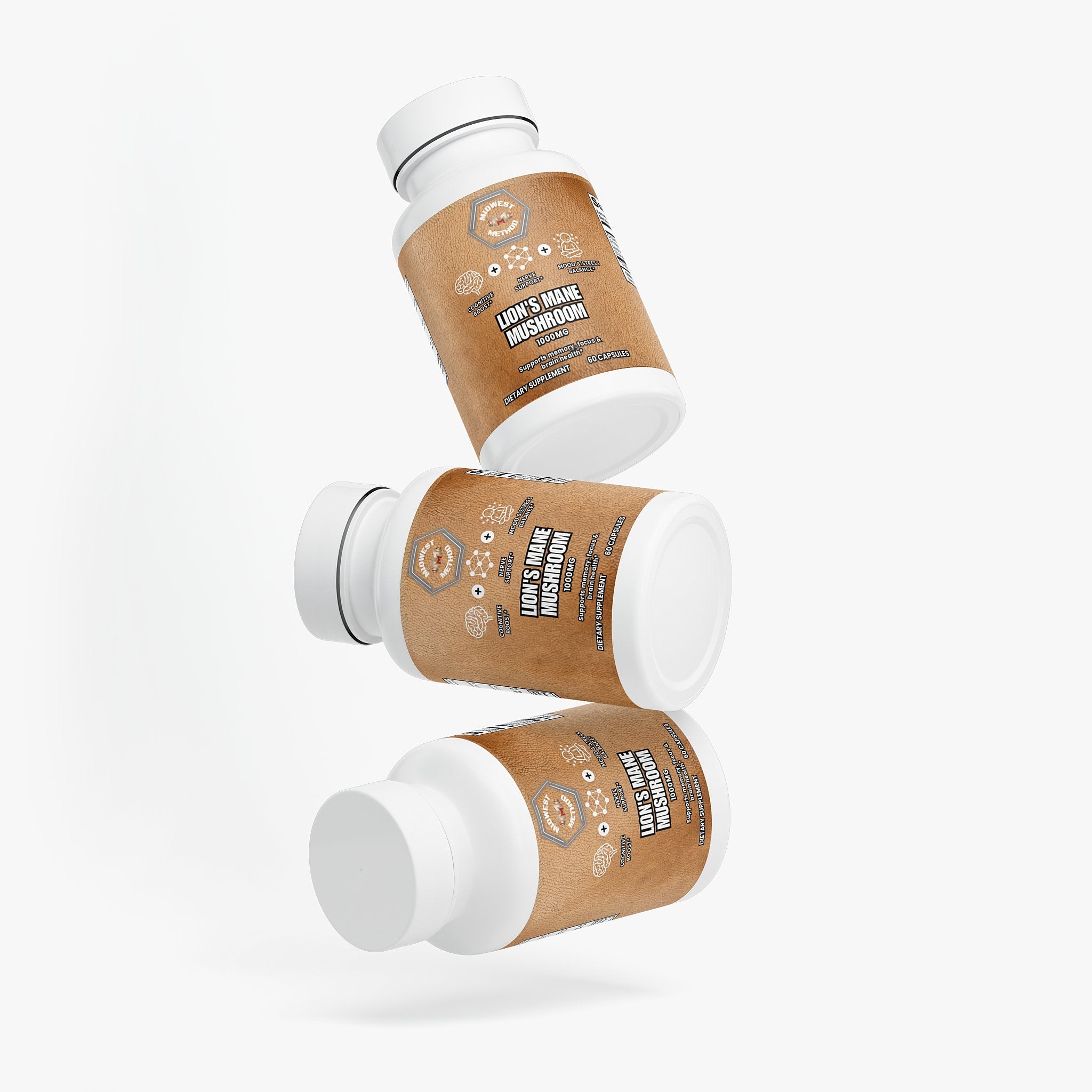 Labels for Midwest Method Lion's Mane Mushroom supplement, featuring product details and branding on a clear container.