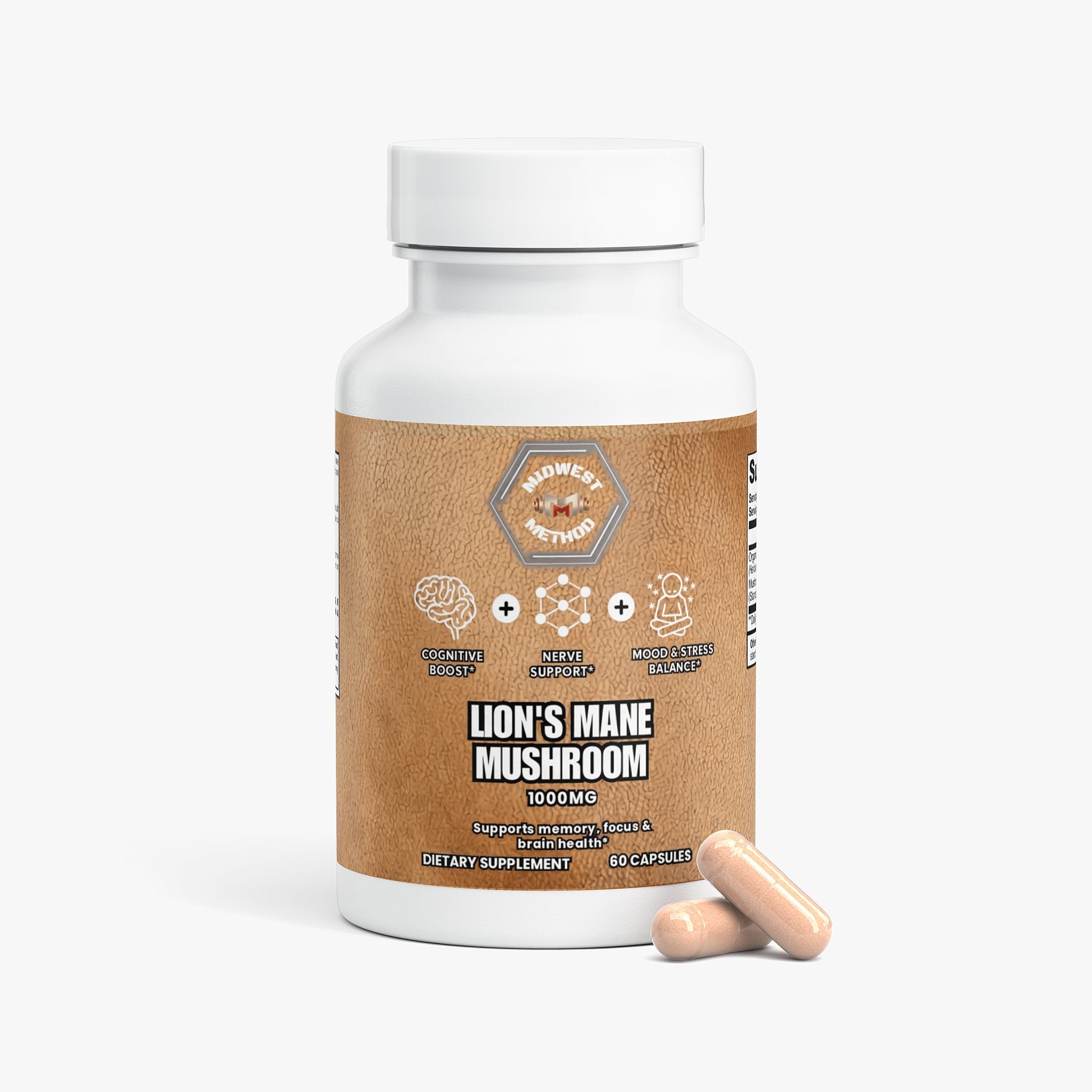 Label for Midwest Method Lion's Mane Mushroom product, featuring detailed branding and product information on a white background.