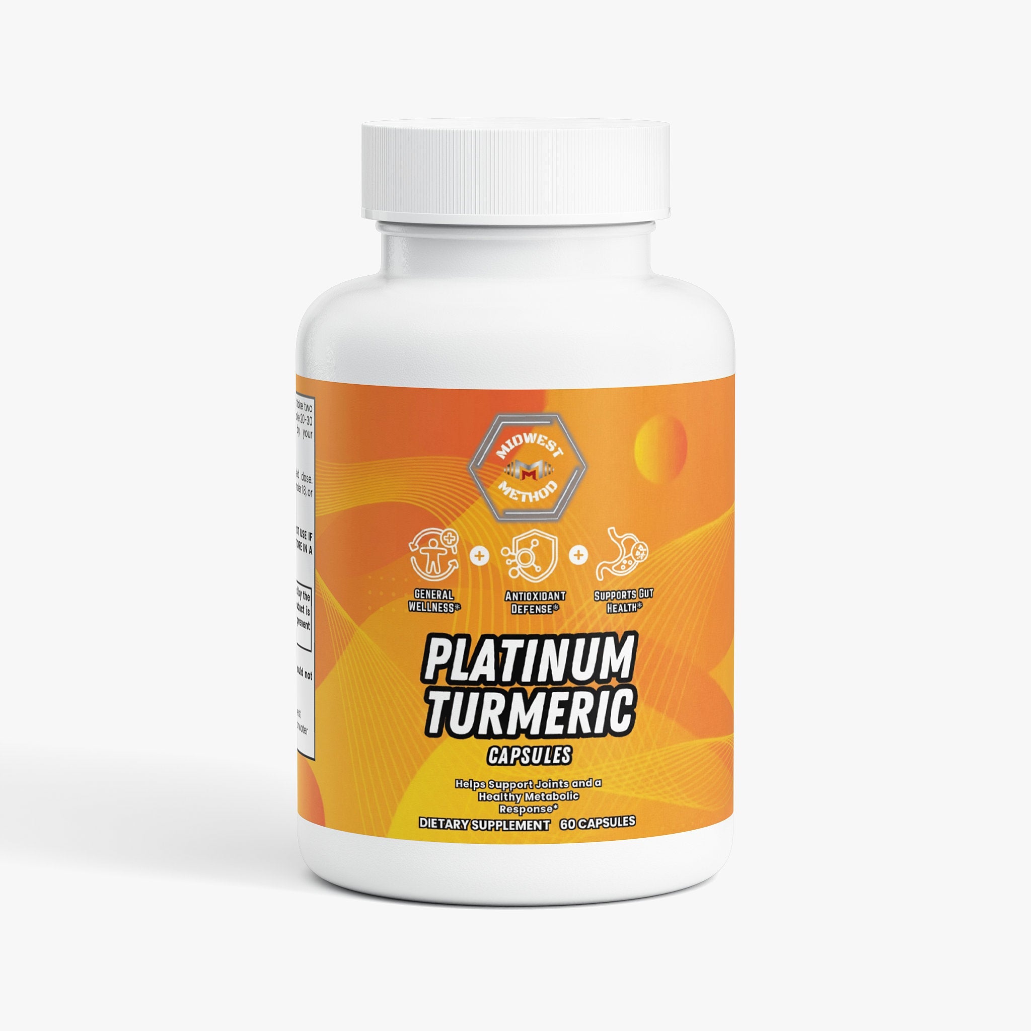Label of Midwest Method Platinum Turmeric specialty supplement bottle showing product name and supplement details.