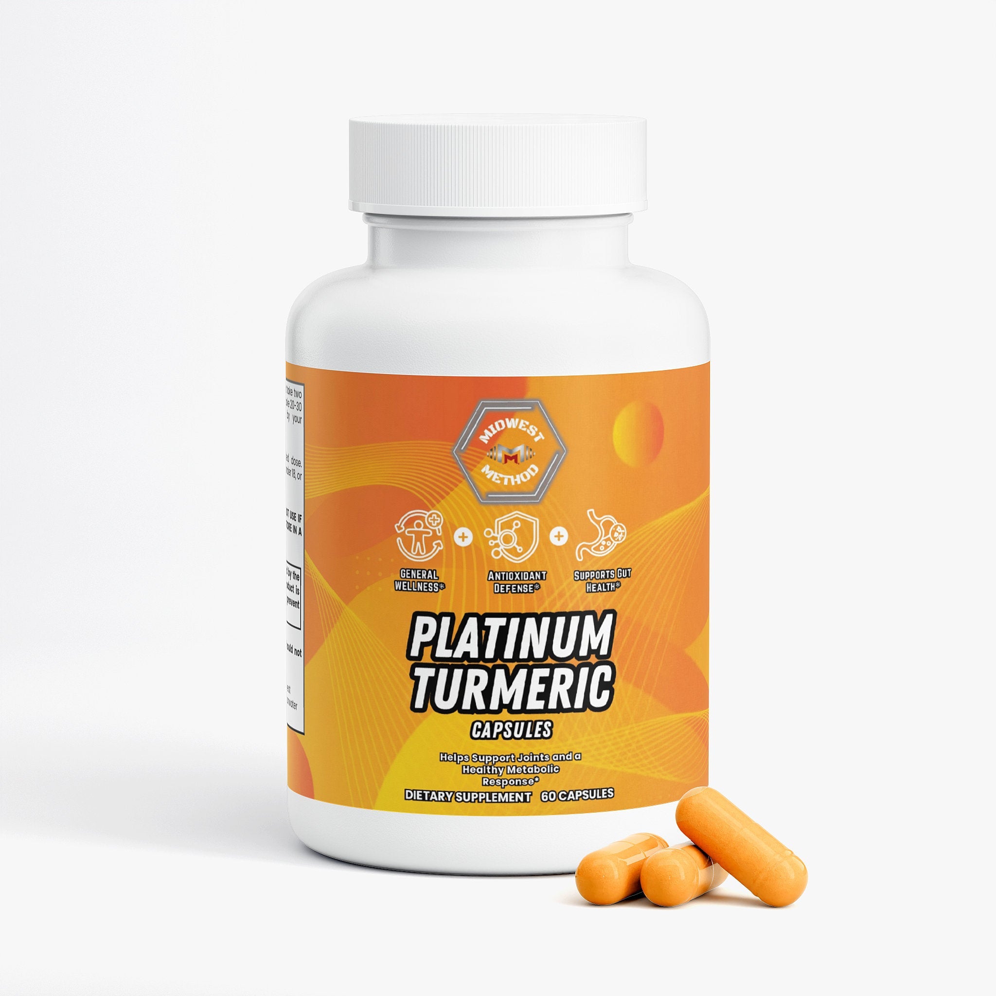 Label for Midwest Method Platinum Turmeric supplement featuring product name and supplement details on a white background.