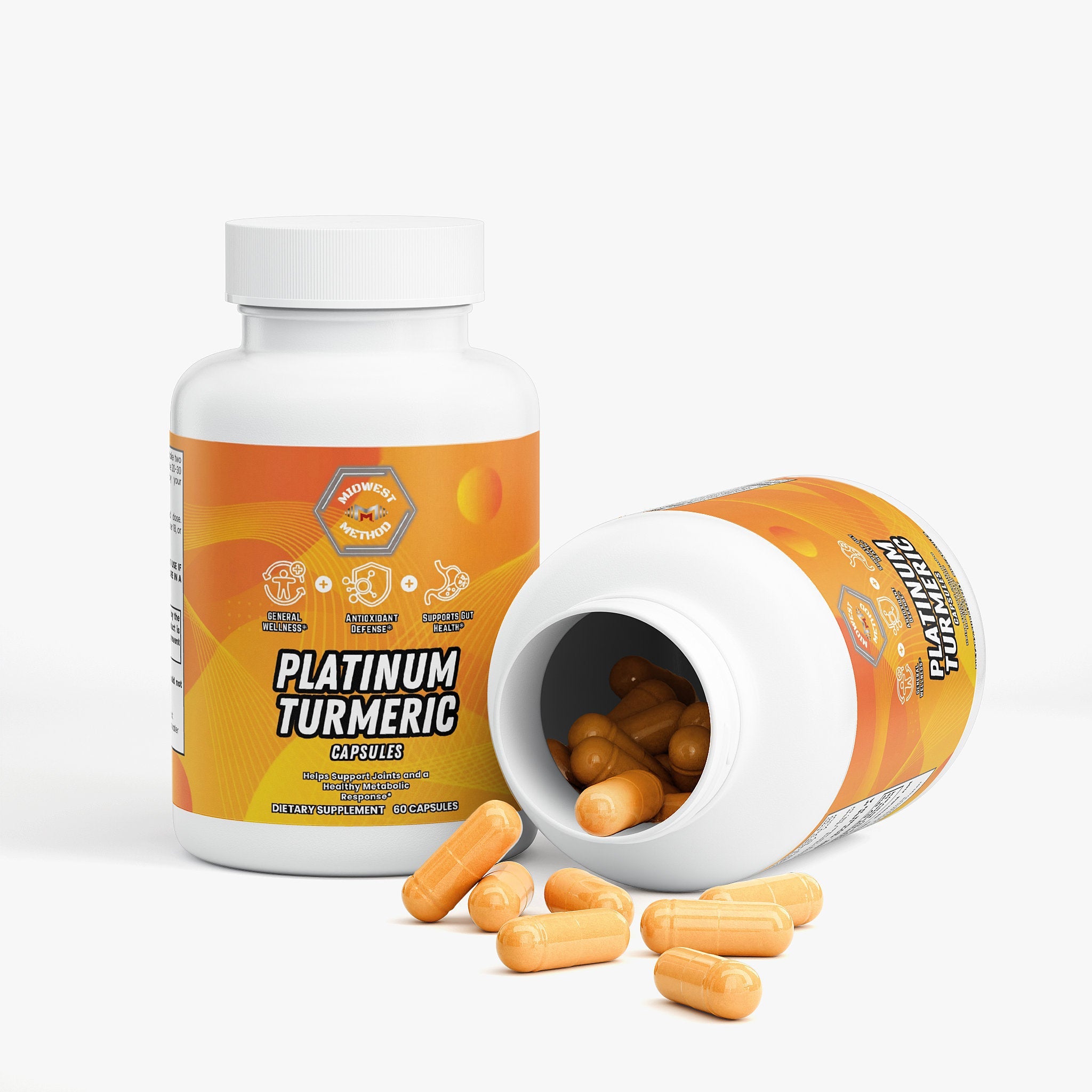 Label for Midwest Method Platinum Turmeric supplement, featuring product details and branding on a clean, professional label.