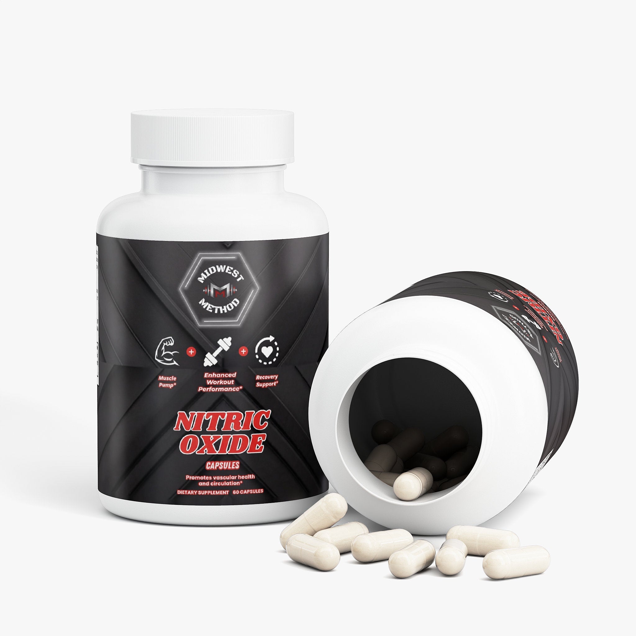Bottle of Midwest Method Nitric Oxide post-workout recovery supplement with label showing product details.