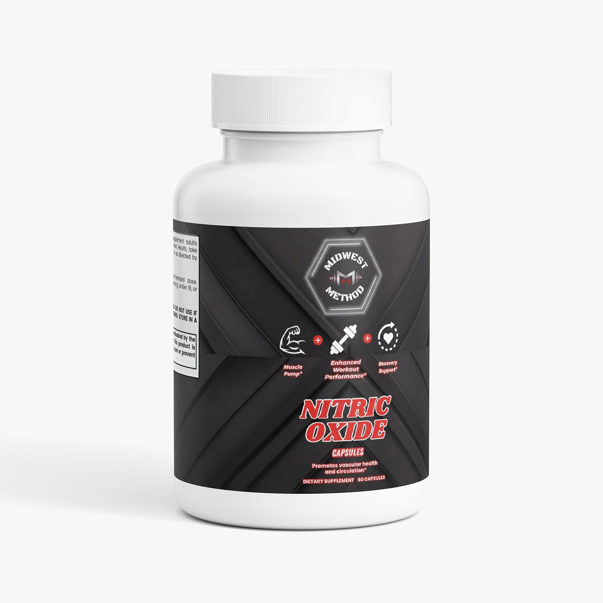 Post-workout recovery supplement bottle labeled Nitric Oxide by Midwest Method with supplement facts and product details.