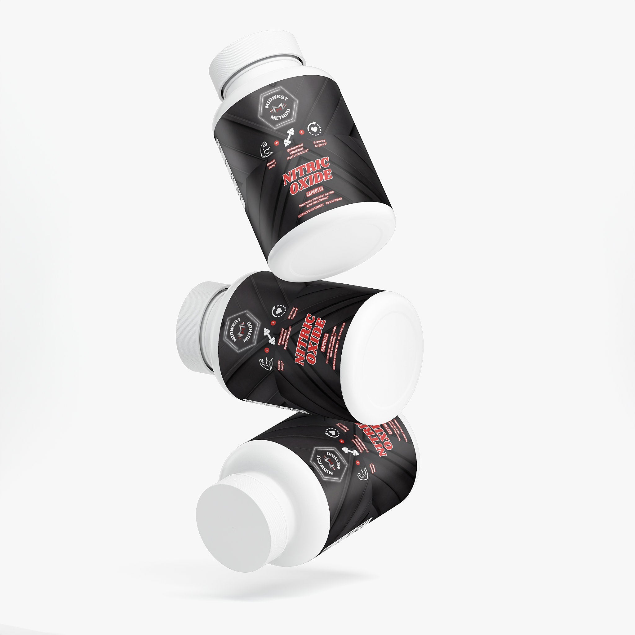 Post-workout recovery supplement bottle of Midwest Method Nitric Oxide, with label details visible.