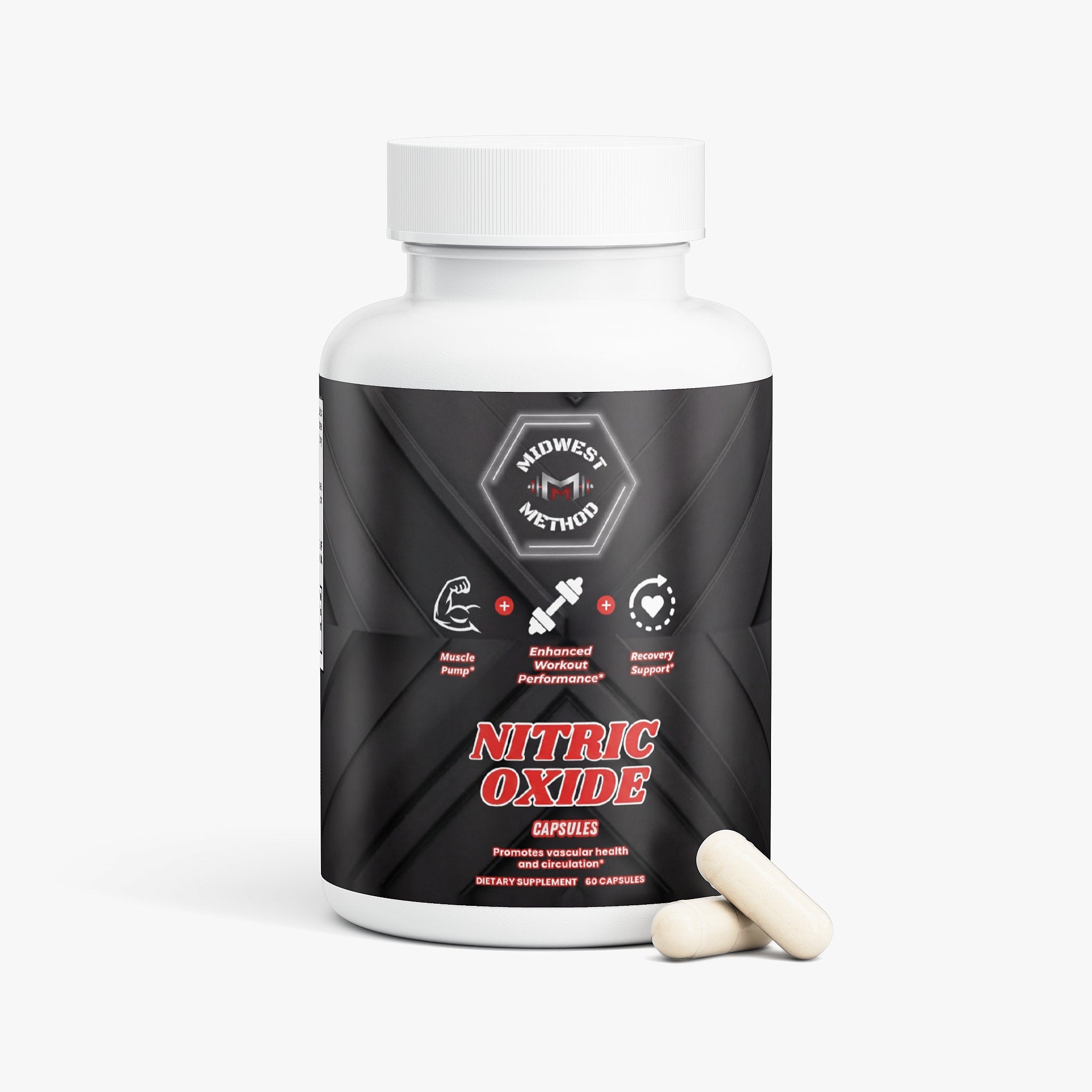 Label image of Midwest Method Nitric Oxide post-workout recovery supplement with detailed product information and branding.