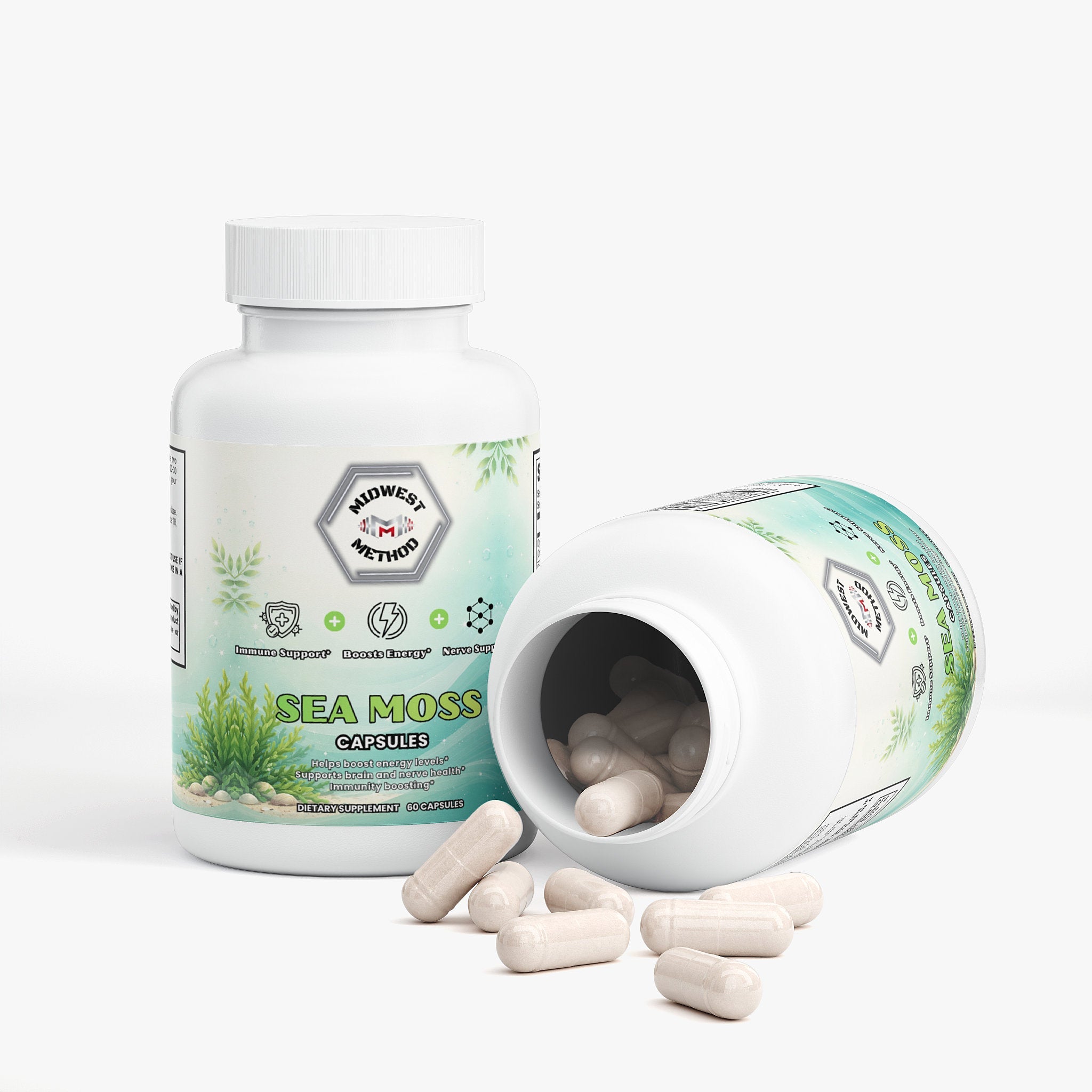 Sea Moss superfood label from Midwest Method, showcasing packaging for greens and superfoods supplement.