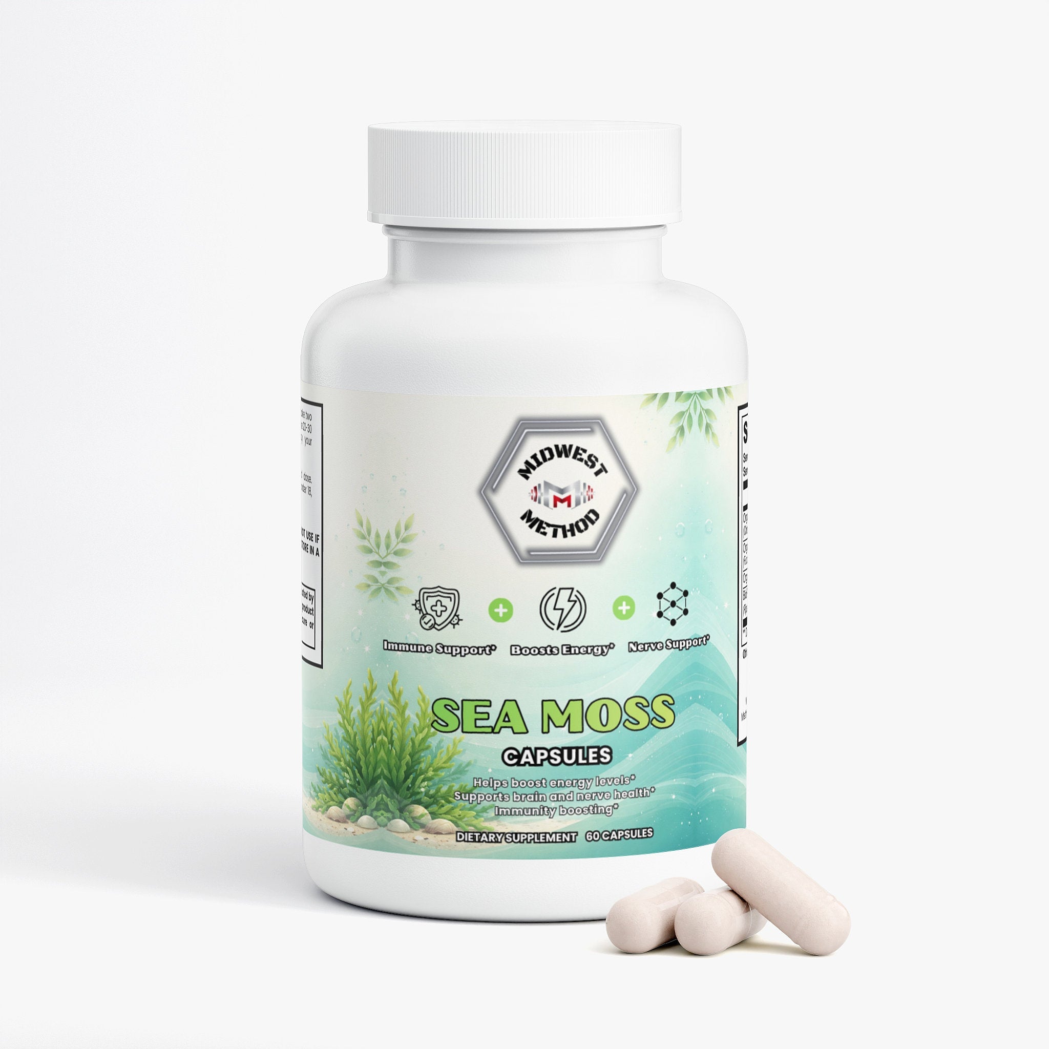 Sea moss label from Midwest Method, featuring greens and superfoods product with detailed nutritional information on a white background.