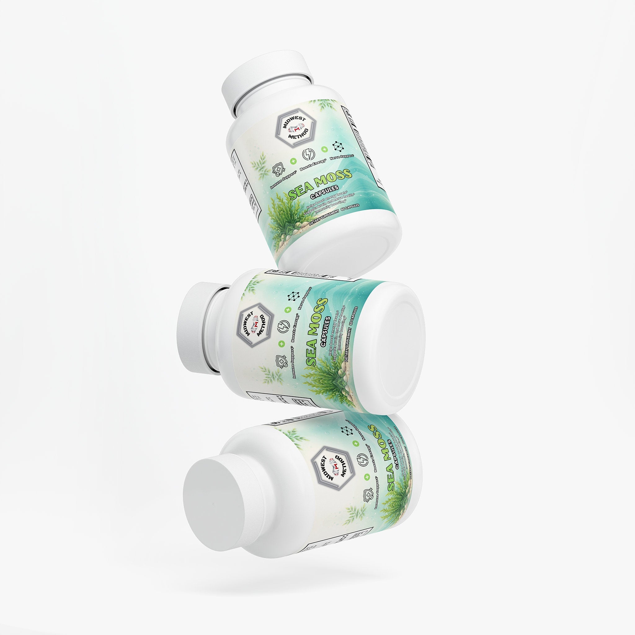 Sea moss superfood label from Midwest Method, showcasing its greens and nutrient-rich sea moss product.