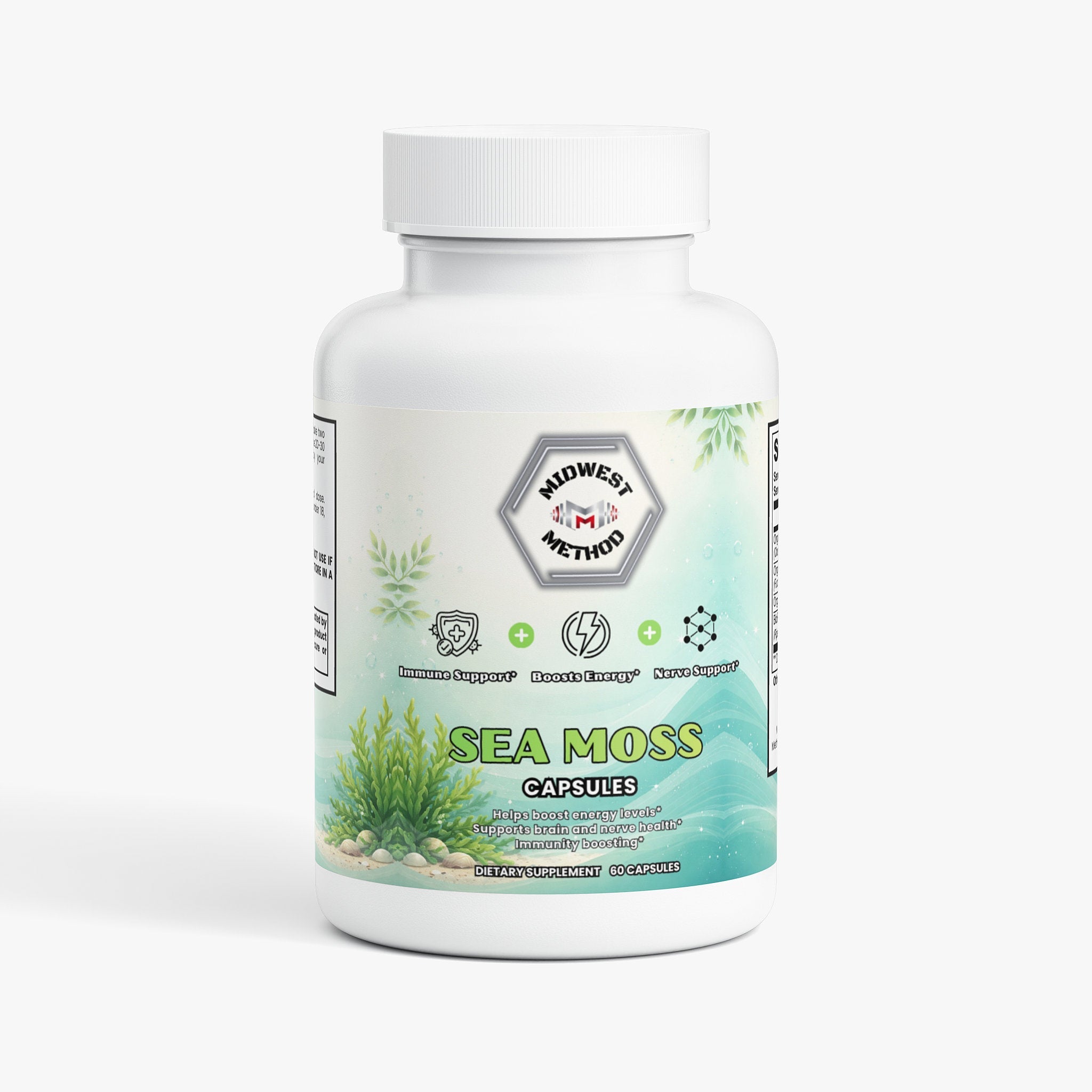 Sea moss from Midwest Method, a greens and superfoods product, shown in its packaging label with vibrant green seaweed images.