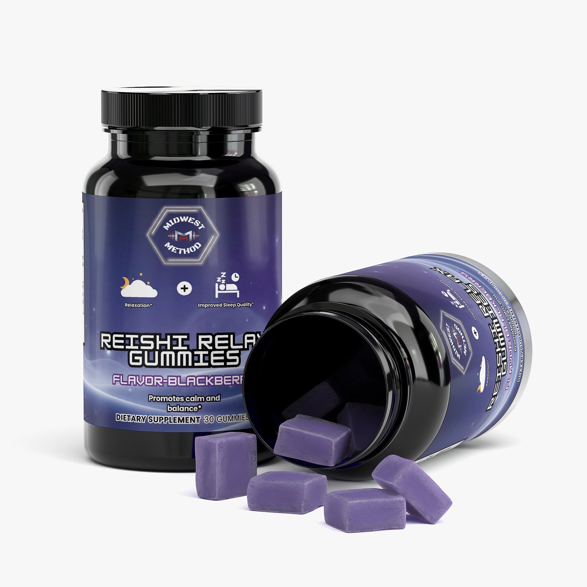 Reishi Relax Mushroom Gummies by Midwest Method featuring blackberry flavor and black mushroom-shaped gummies.