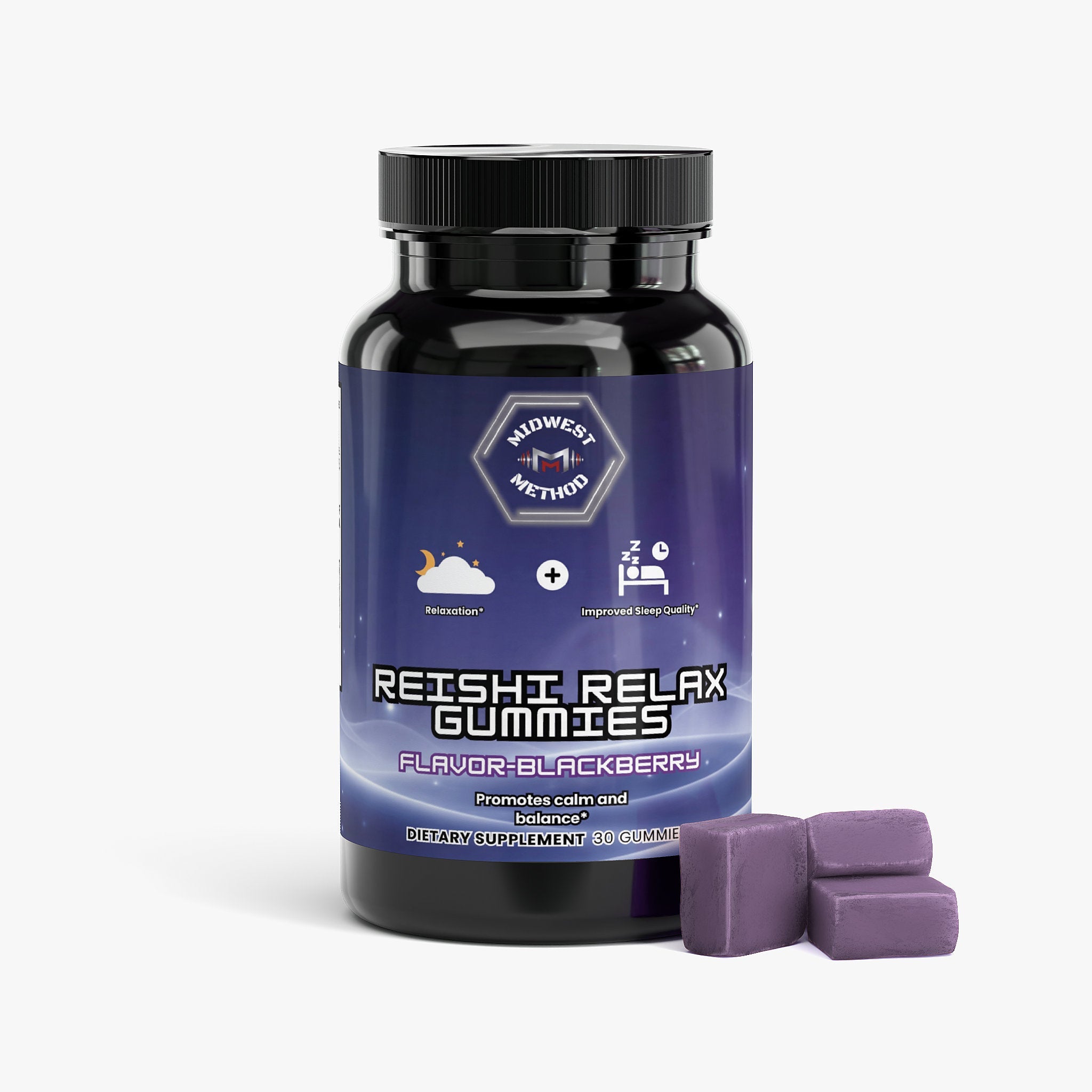 Reishi Relax Gummies by Midwest Method with blackberry flavor, featuring mushroom supplement ingredients and black gummy appearance.