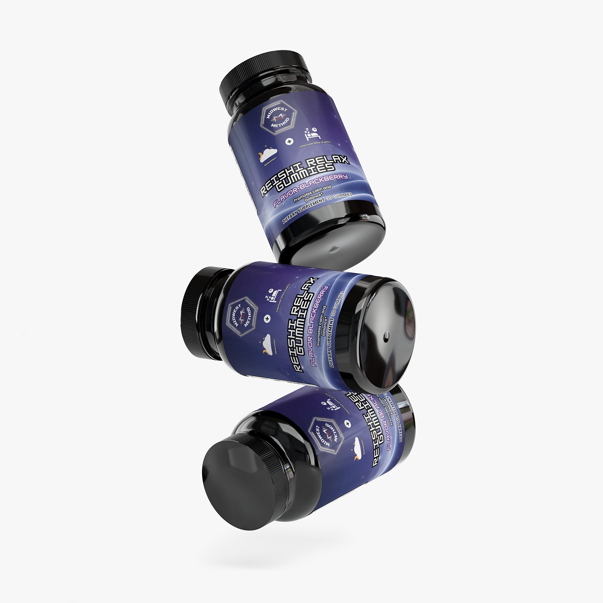 Reishi Relax Gummies with Blackberry flavor by Midwest Method, showing the product packaging and gummies inside a clear container.