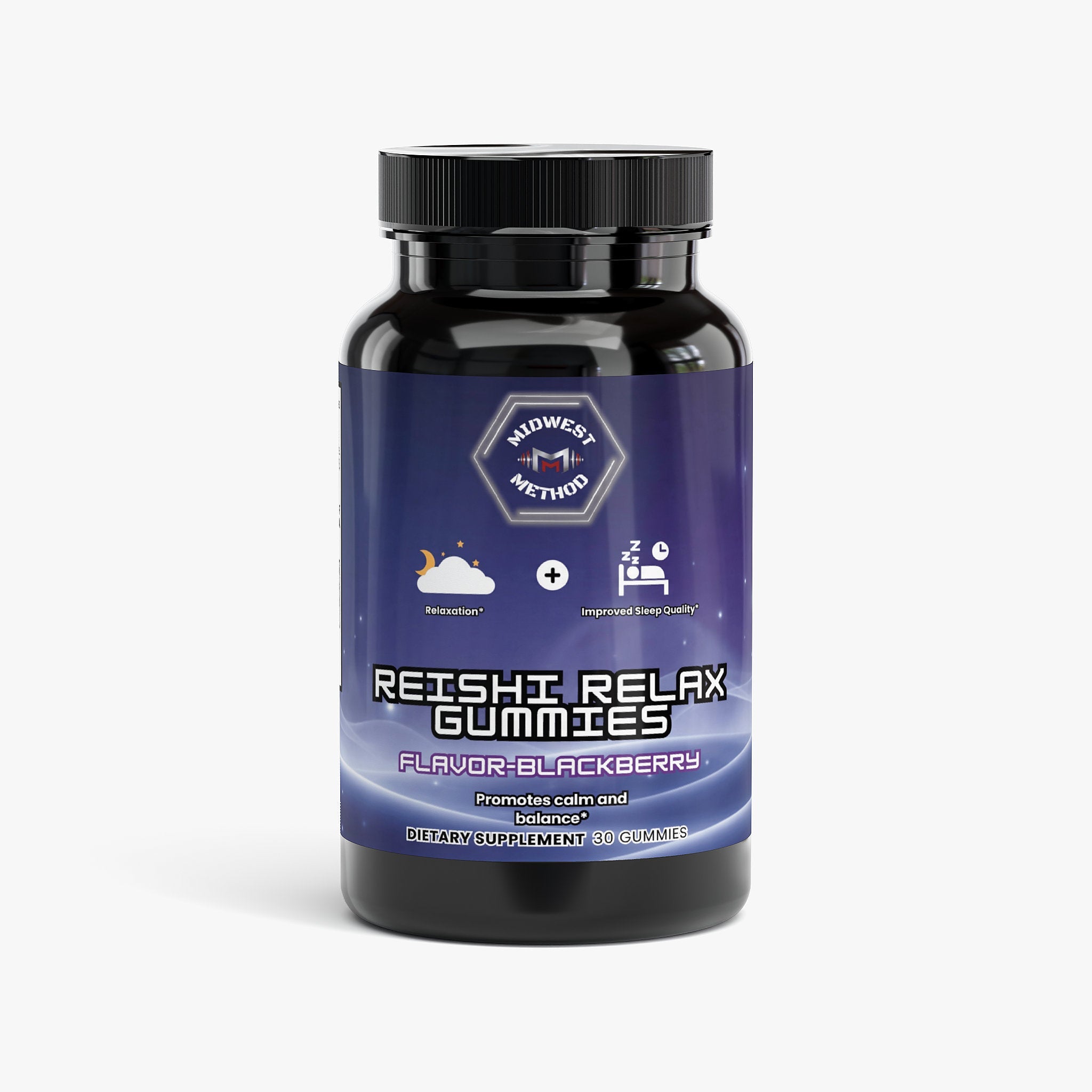 Reishi Relax Gummies with blackberry flavor, mushroom supplement by Midwest Method, featuring black gummy candies on the label.