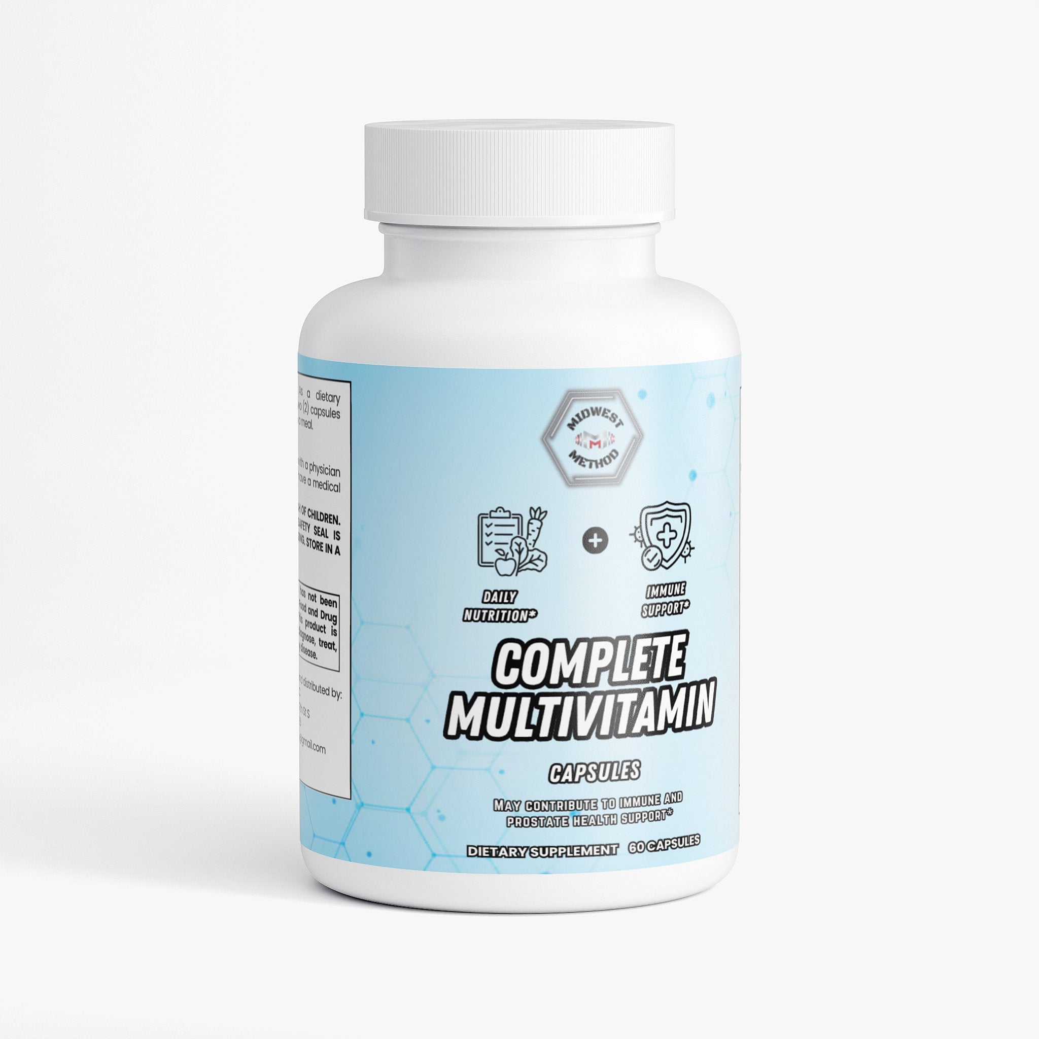 Complete multivitamin supplement by Midwest Method, showing the label with vitamins and minerals in a clear bottle.