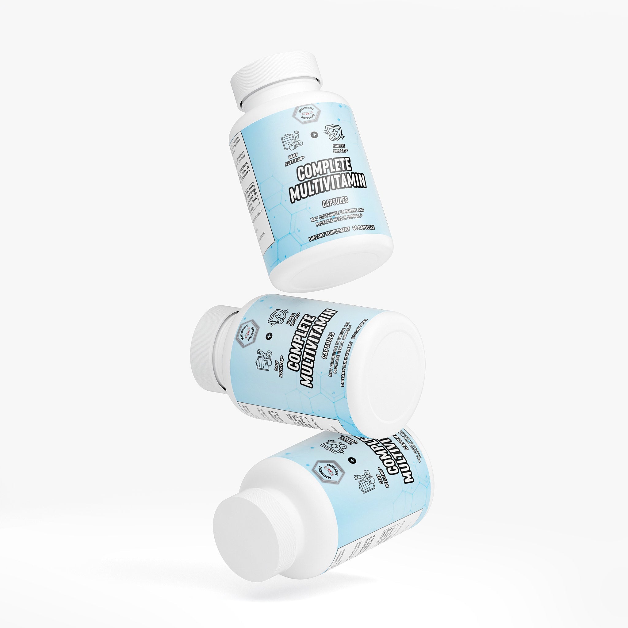 Complete multivitamin supplement bottle from Midwest Method, showing the label with vitamins and minerals for daily health support.