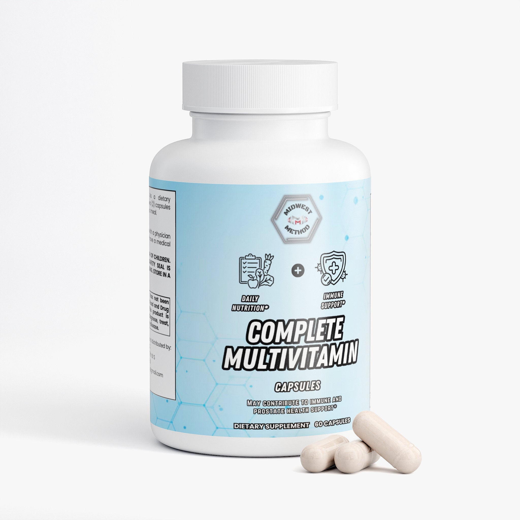Complete multivitamin supplement by Midwest Method, showing colorful label with vitamins and minerals for daily wellness.