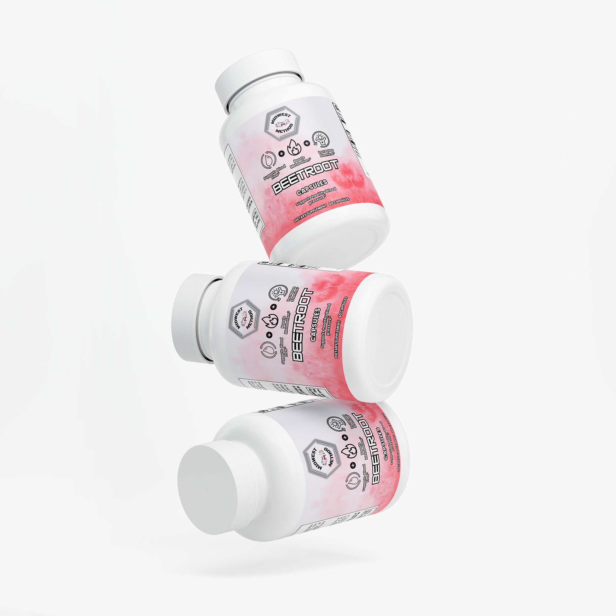 Midwest Method beetroot post-workout recovery supplement container with label, highlighting natural ingredients for athletic recovery