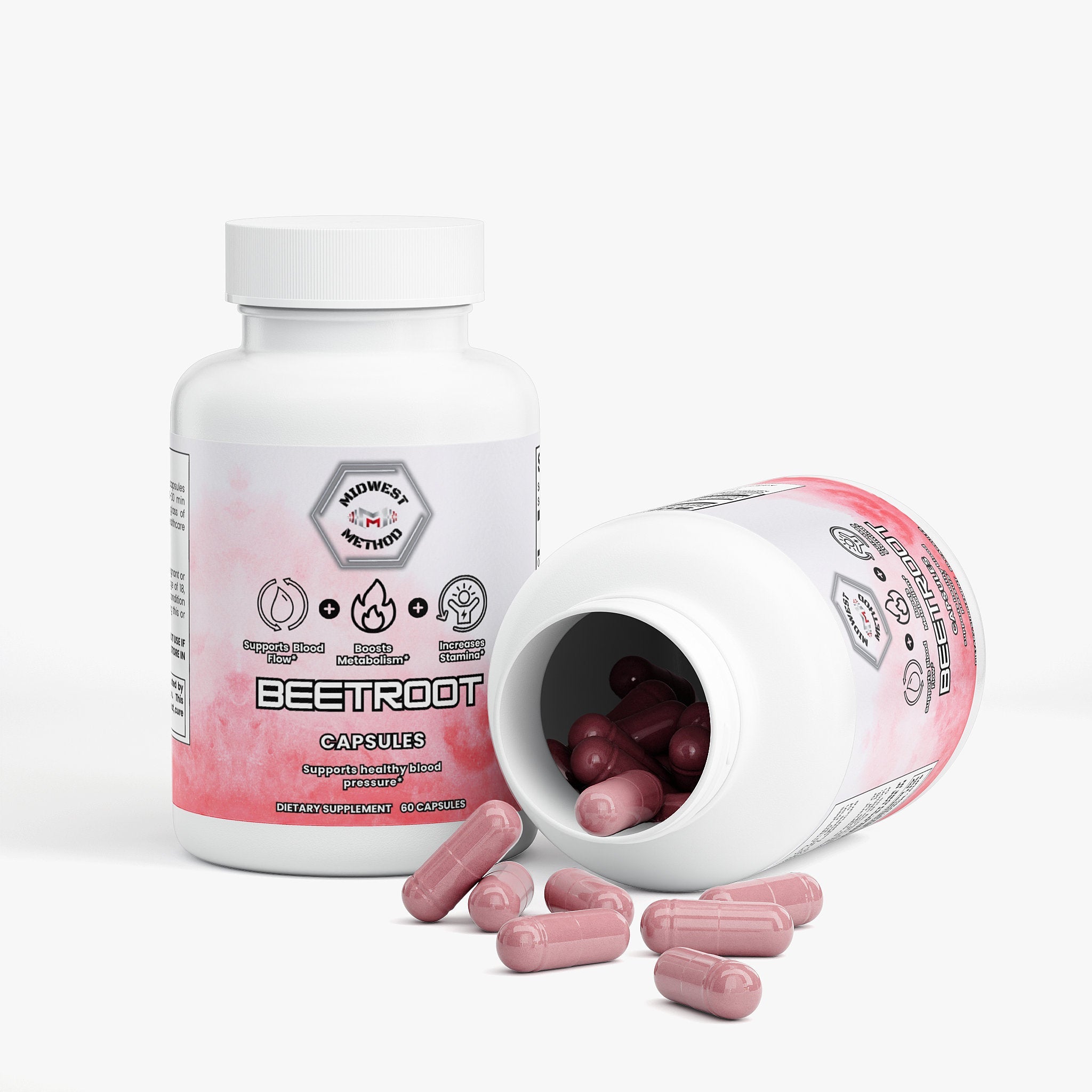 Midwest Method beetroot post-workout recovery supplement label with natural beetroot imagery and product details.