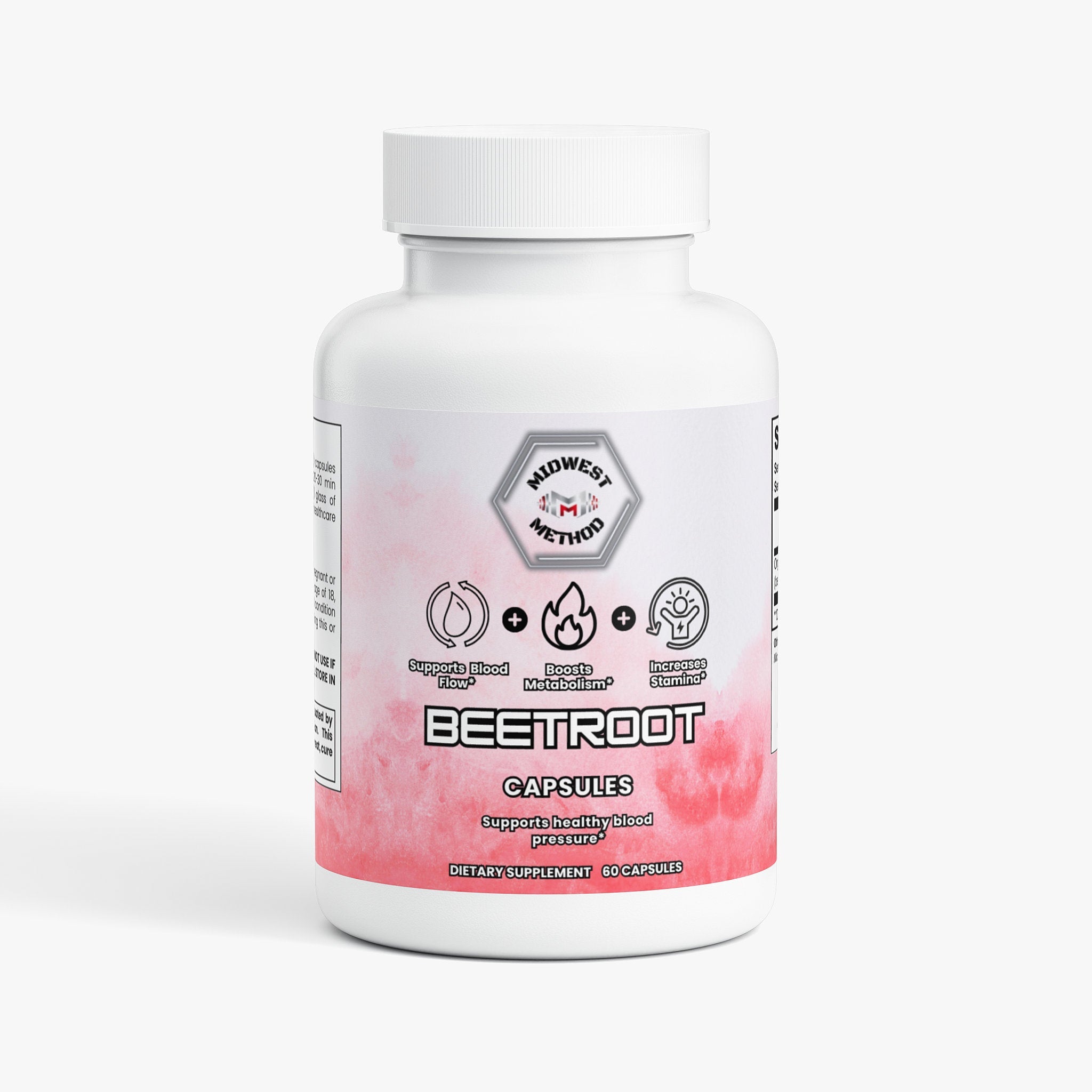 Midwest Method beetroot post-workout recovery supplement label featuring natural beetroot imagery and product information.