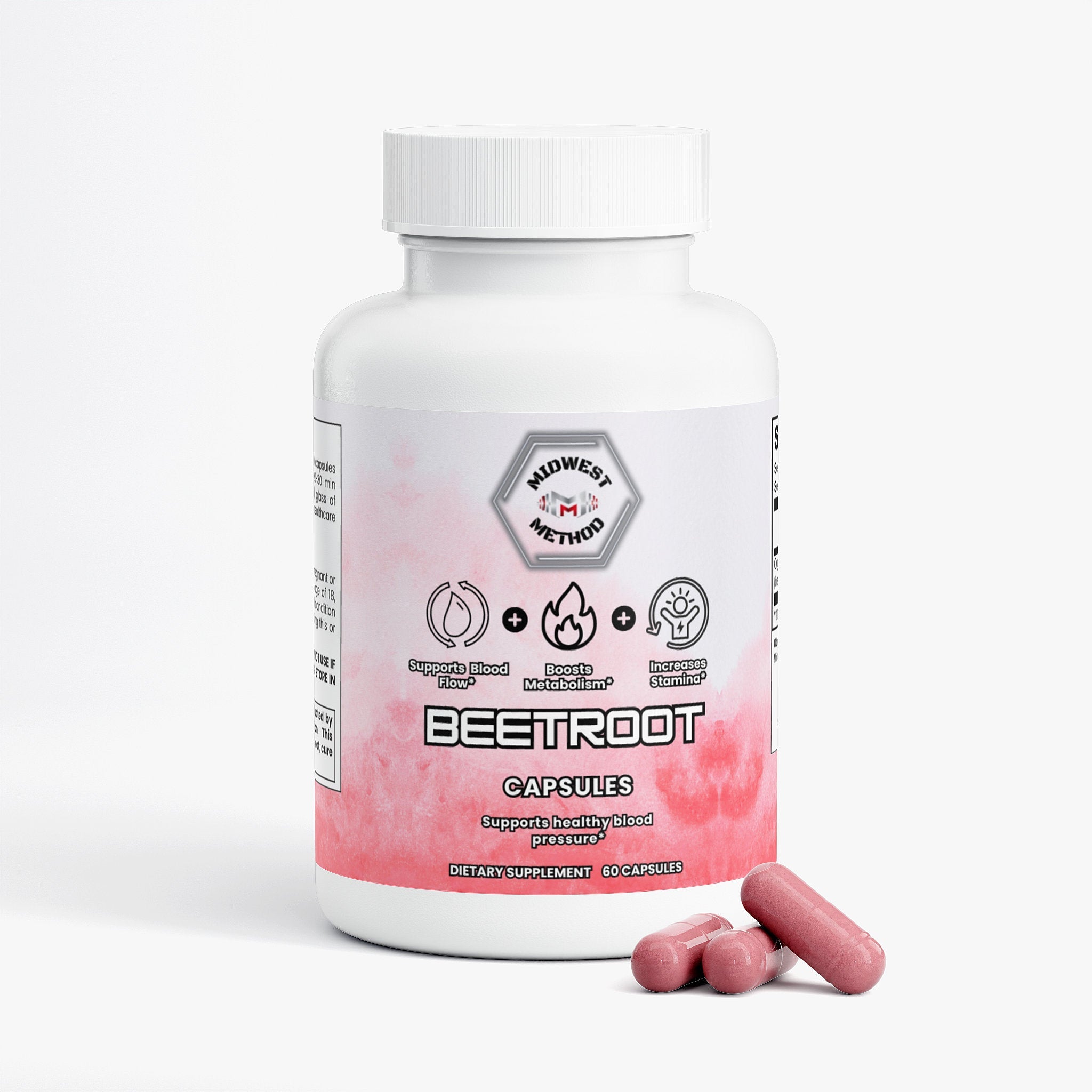 Midwest Method beetroot post-workout recovery supplement label with vibrant beetroot imagery and product details.