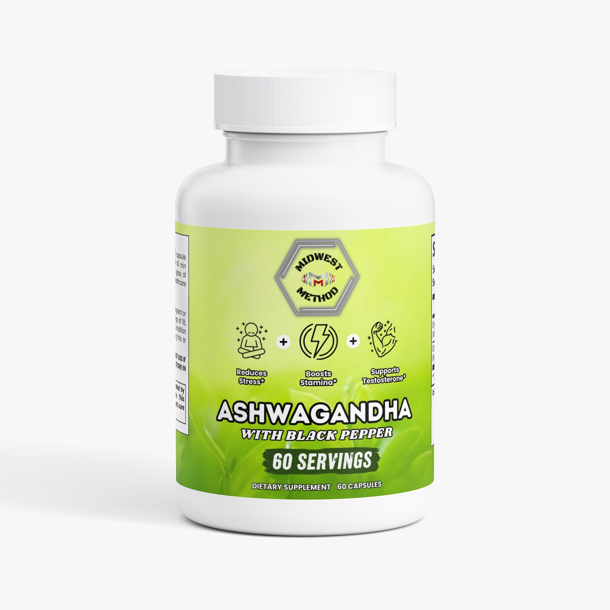 Midwest Method Ashwagandha specialty supplement bottle with label, featuring natural root imagery and supplement information.